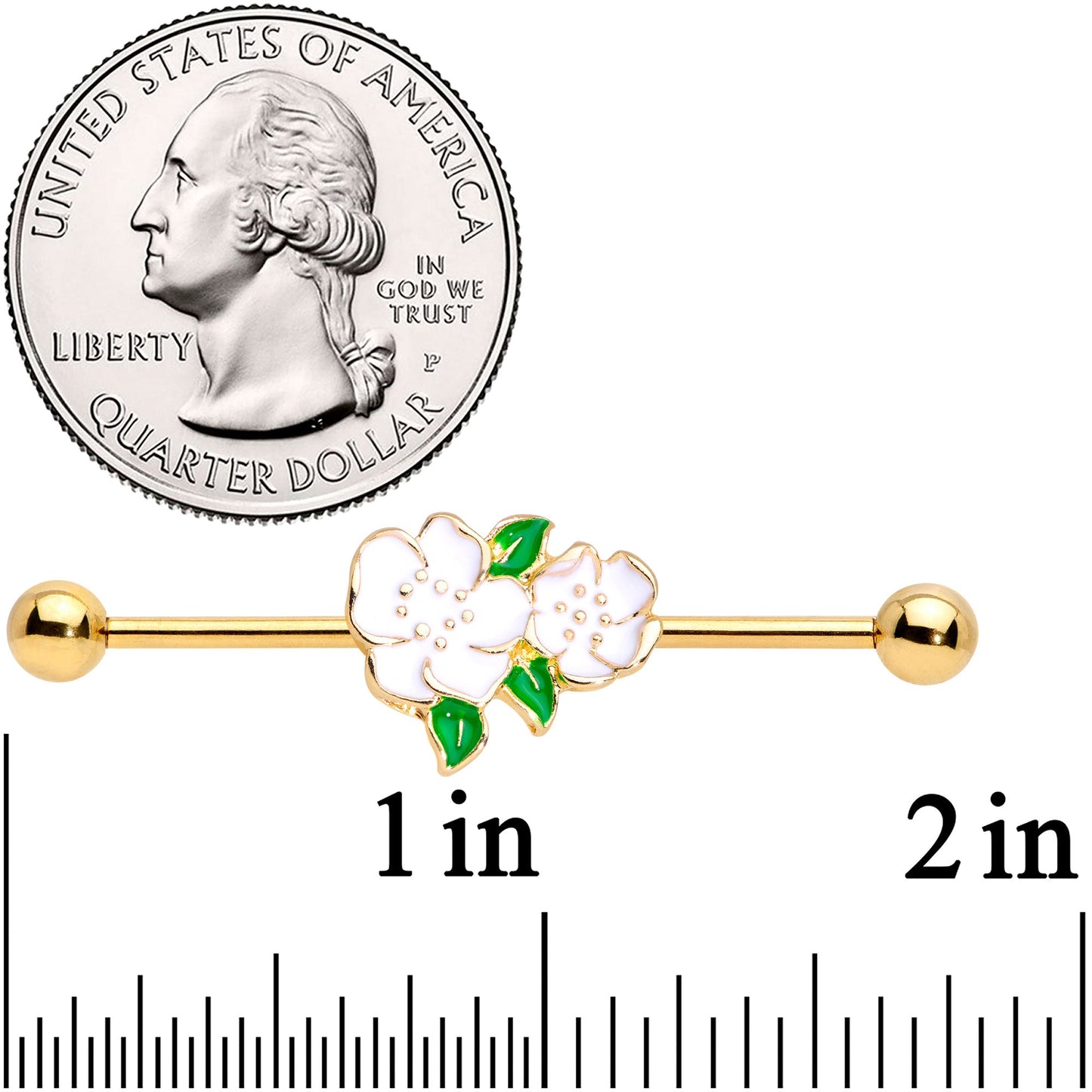 14G Gold Tone White Gardenia Flower Industrial Barbell 38mm