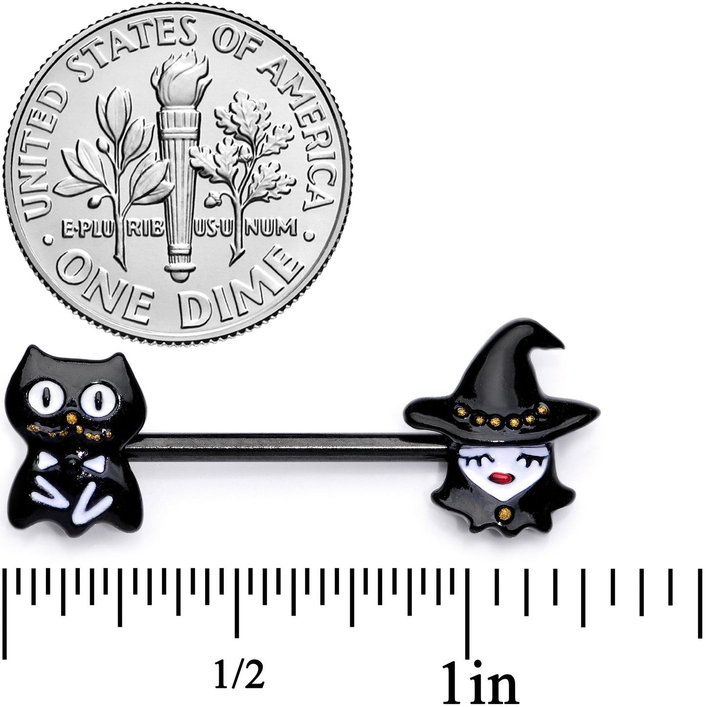 14G 9/16 Black Cat Pretty Witch Halloween Barbell Nipple Ring Set