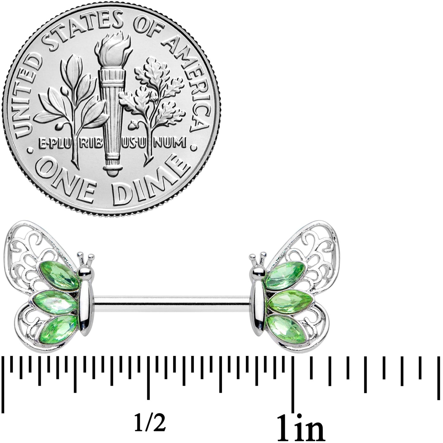 14G 9/16 Green Gem Lacy Butterfly Barbell Nipple Ring Set
