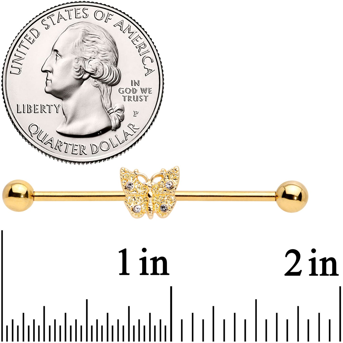 14G Clear Gem Gold Tone Butterfly Industrial Barbell 38mm