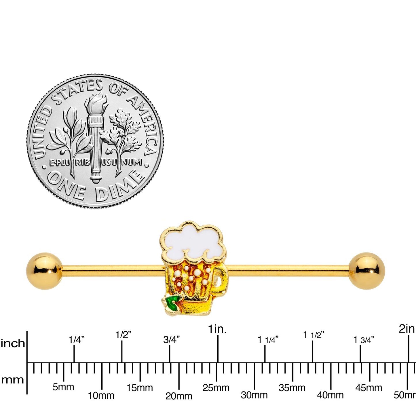 14G Gold Tone St Patricks Day Beer Mug Industrial Barbell 38mm