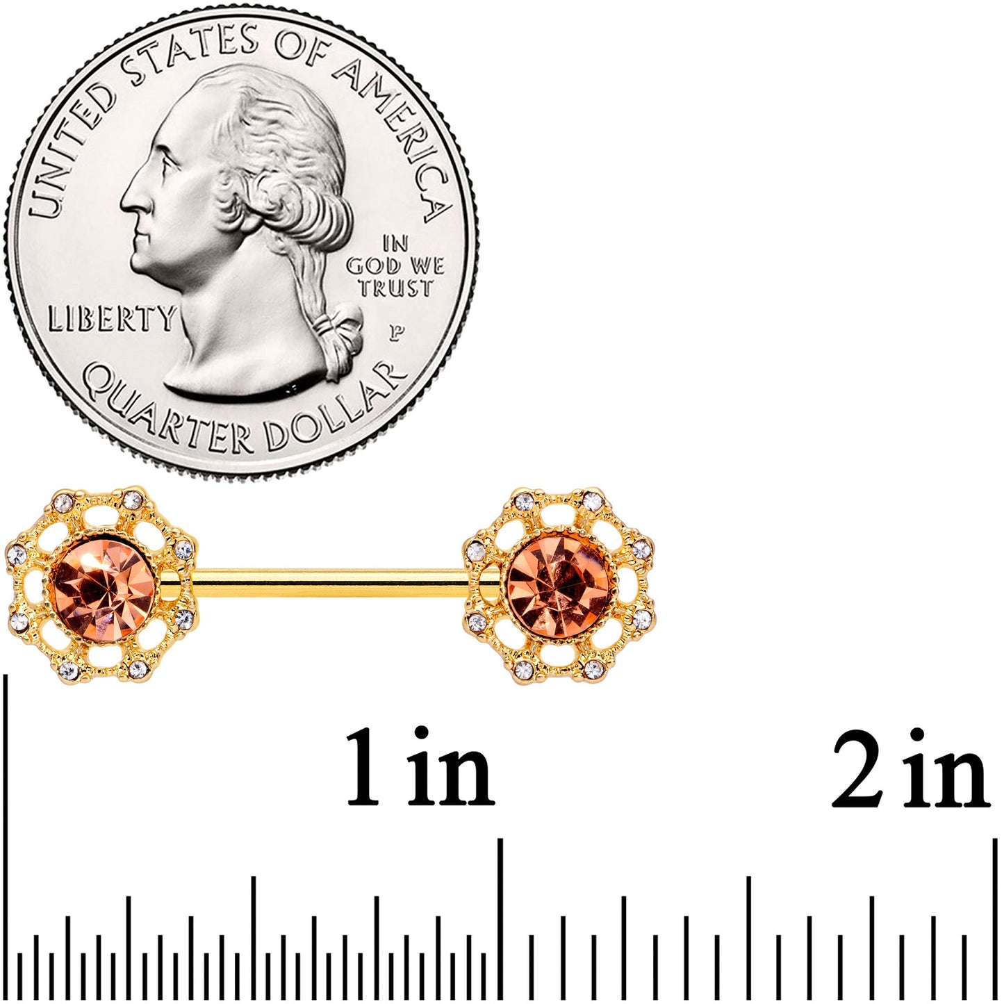 14G 9/16 Clear Pink CZ Gem Gold Tone Sunburst Nipple Ring Set