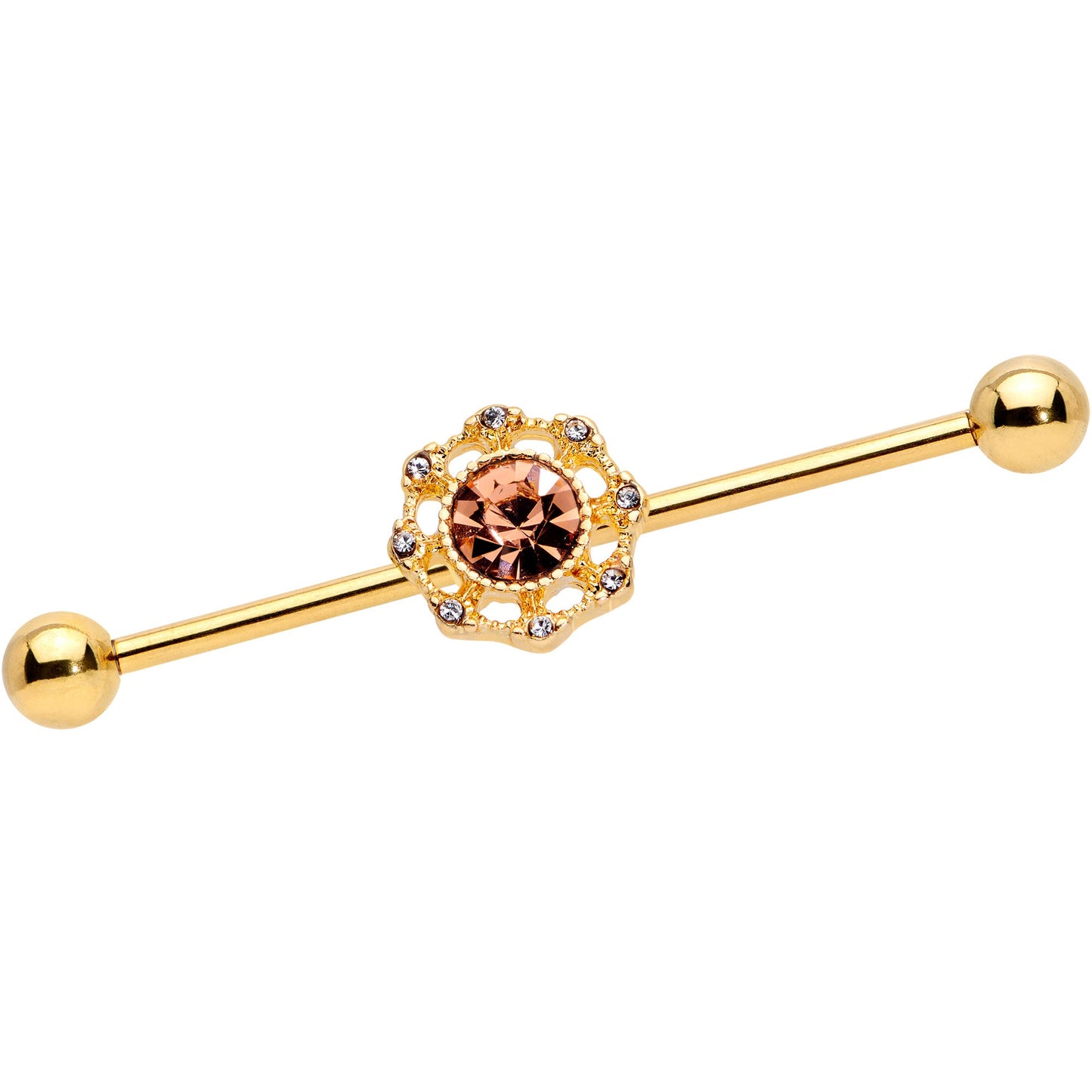 14G Pink Clear CZ Gem Gold Tone Sunburst Industrial Barbell 38mm