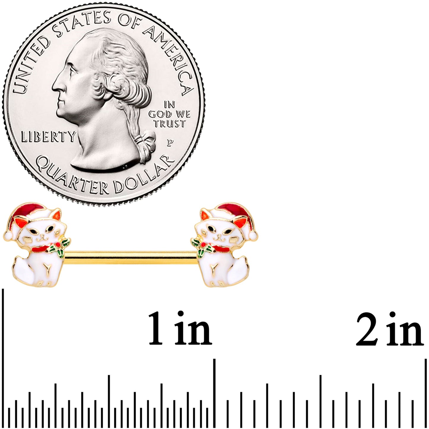 14G 9/16 Gold Tone Cat Santa Christmas Barbell Nipple Ring Set