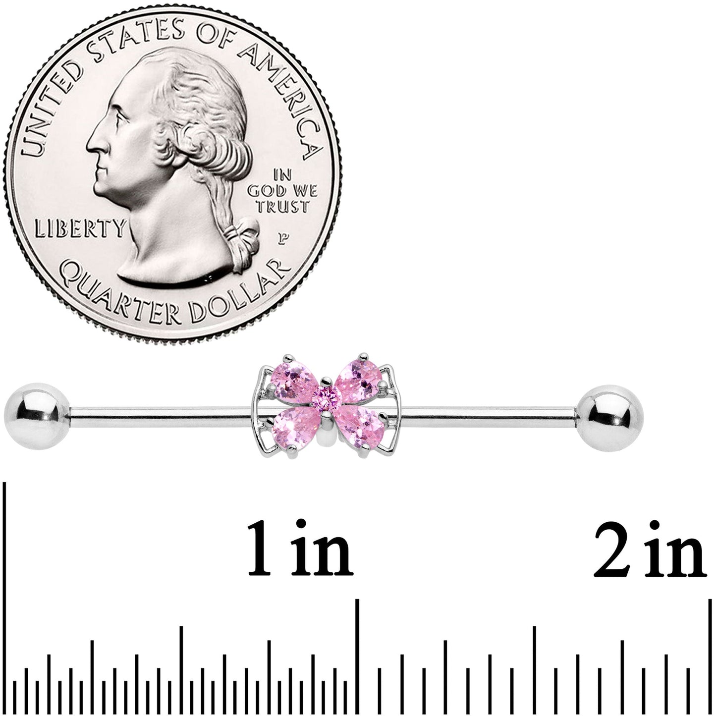 14G Pink CZ Gem Beauty Bow Industrial Barbell 38mm