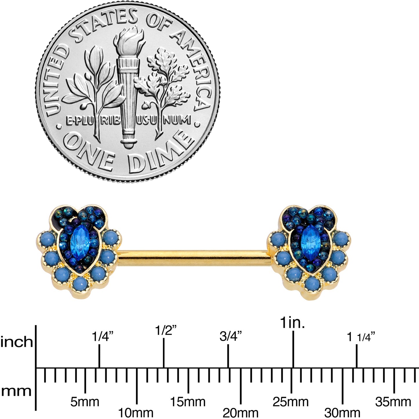 14G 9/16 Blue Gem Gold Tone Opulent Oval Barbell Nipple Ring Set