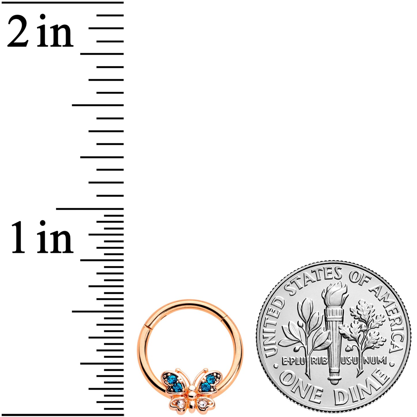 16G 3/8 Aqua Gem Rose Gold Tone Butterfly Hinged Segment Ring