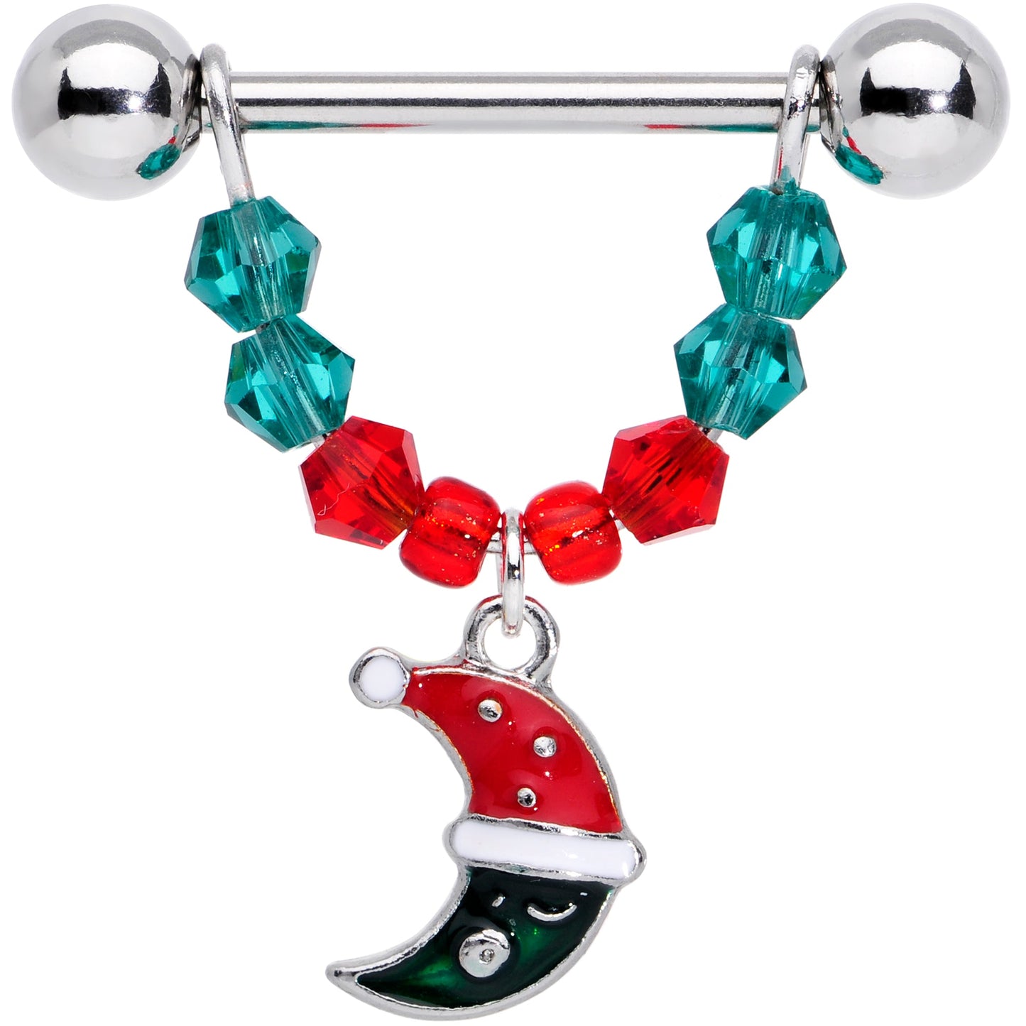 14G 9/16 Red Green Gem Star Moon Christmas Dangle Nipple Ring Set