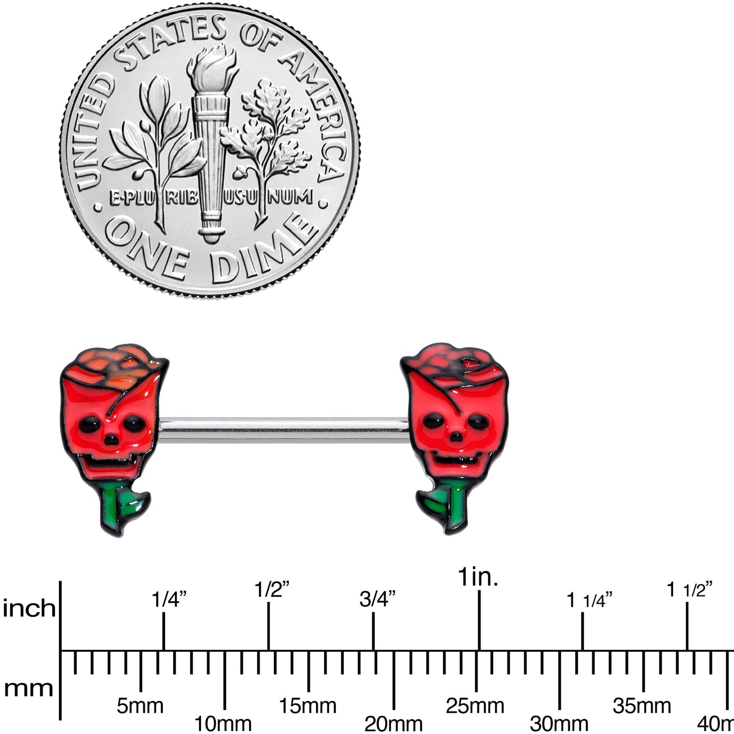 14G 9/16 Skull Red Roses Valentine Barbell Nipple Ring Set