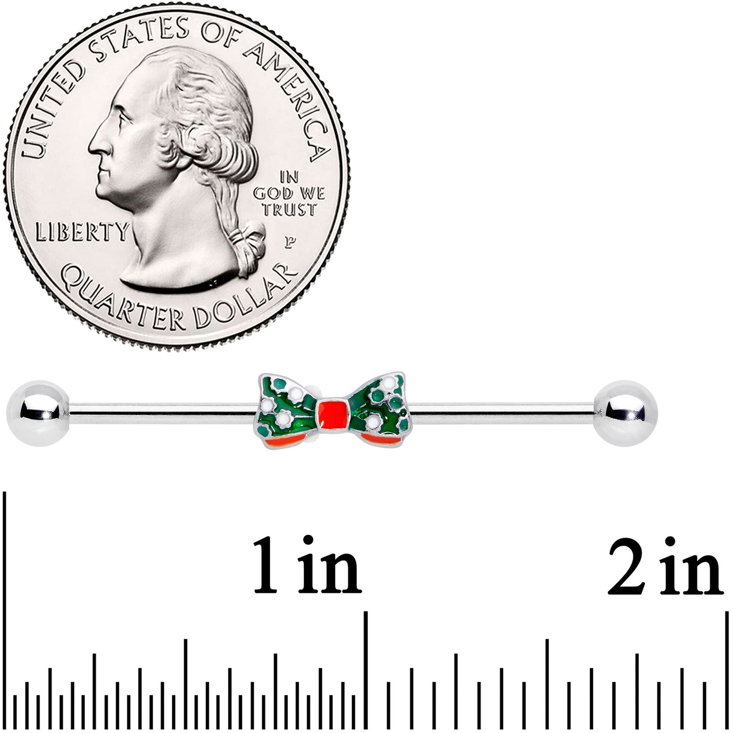 14G Green Red White Bow Christmas Industrial Barbell 38mm