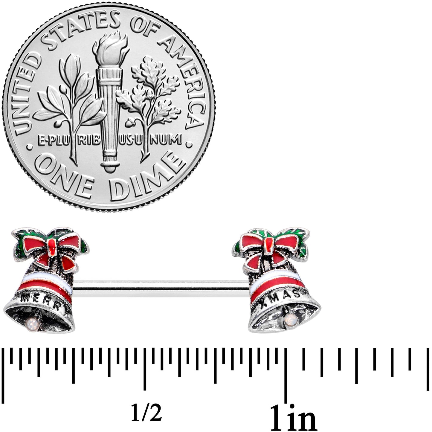 14G 5/8 Red White Green Bell Christmas Barbell Nipple Ring Set