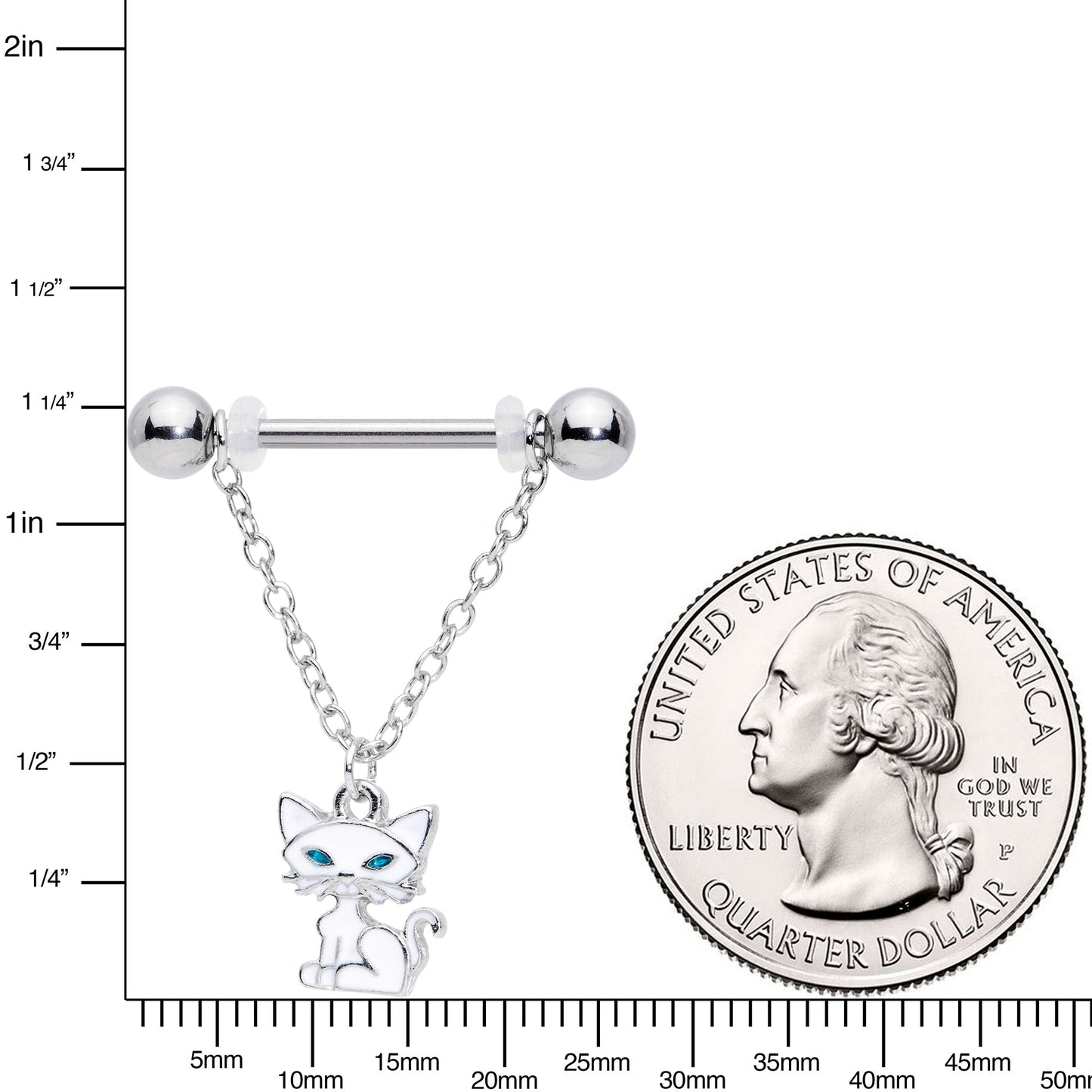 14G 9/16 Blue Eyed White Cat Dangle Barbell Nipple Ring Set