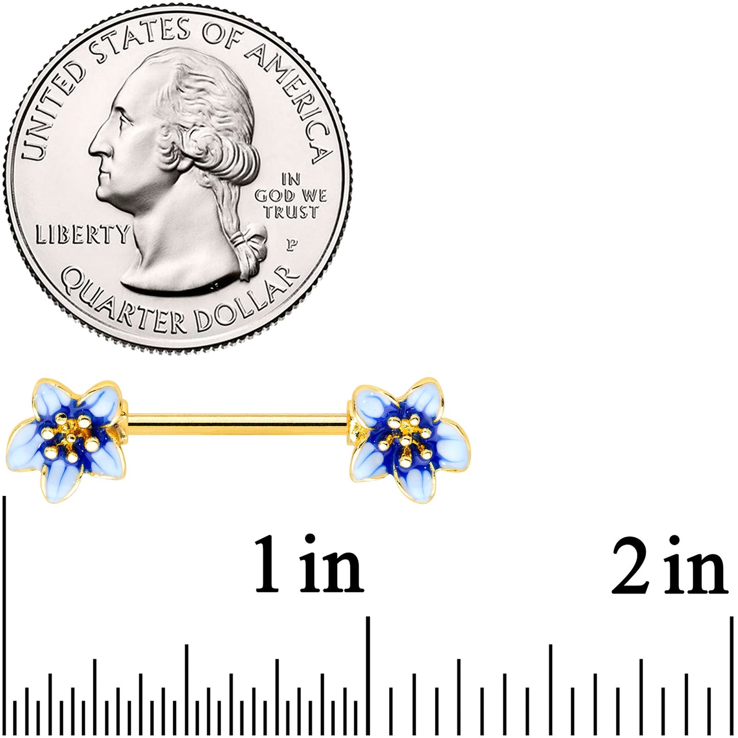 14G 9/16 Gold Tone White Blue Flower Barbell Nipple Ring Set