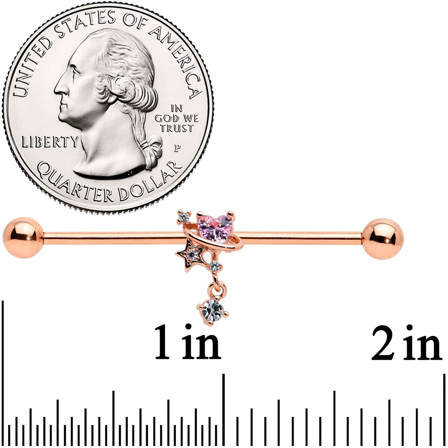 14G Pink Gem Rose Gold Tone Star Dangle Industrial Barbell 38mm
