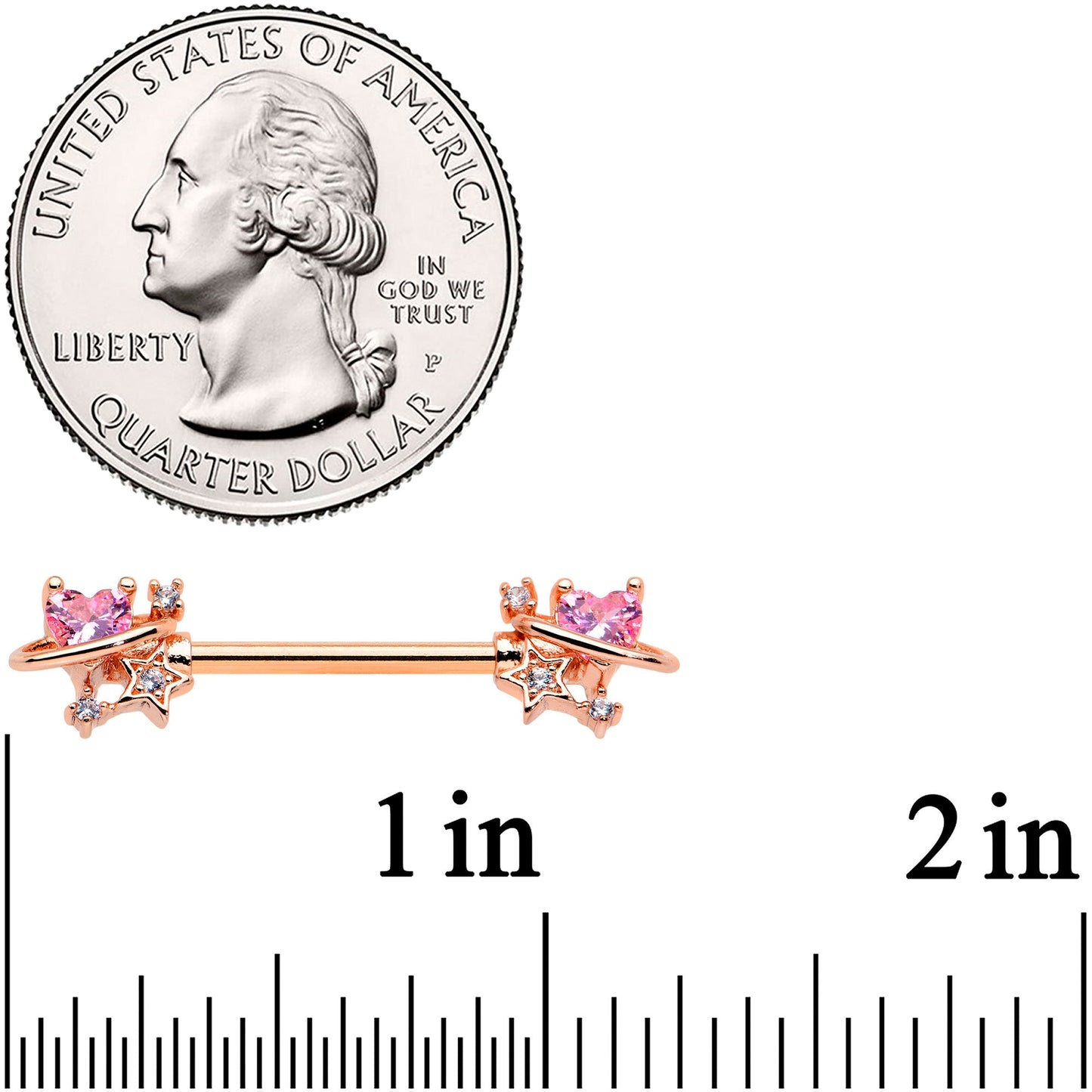 14G 9/16 Pink Gem Rose Gold Tone Star Barbell Nipple Ring Set