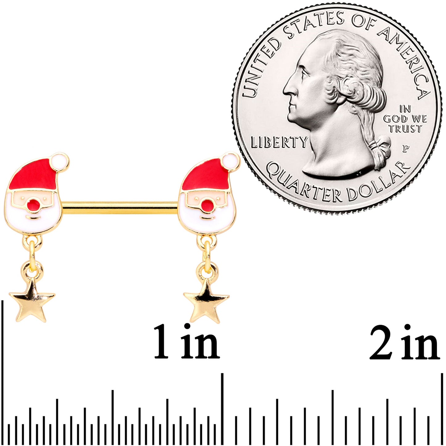14G 9/16 Gold Tone Santa Star Christmas Dangle Nipple Ring Set