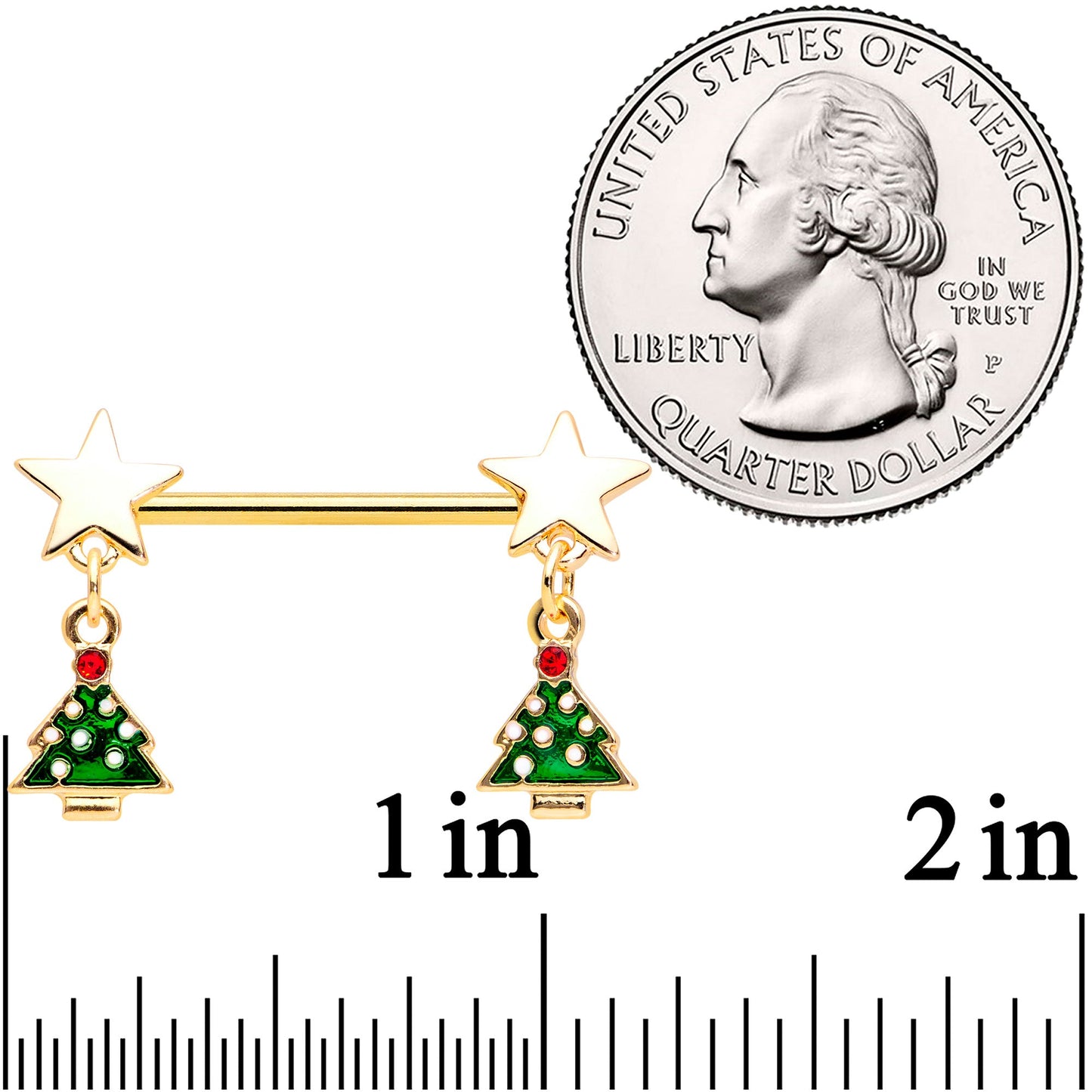 14G 9/16 Red Gem Gold Tone Star Christmas Tree Nipple Ring Set