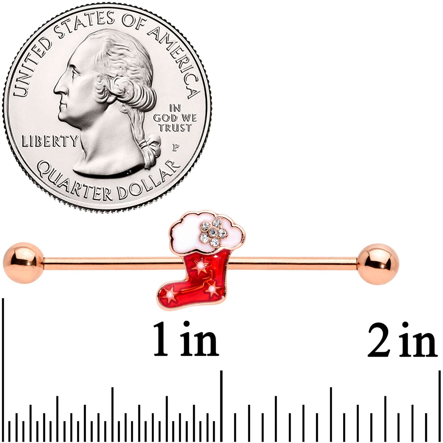 14G Rose Gold Tone Christmas Stocking Industrial Barbell 38mm