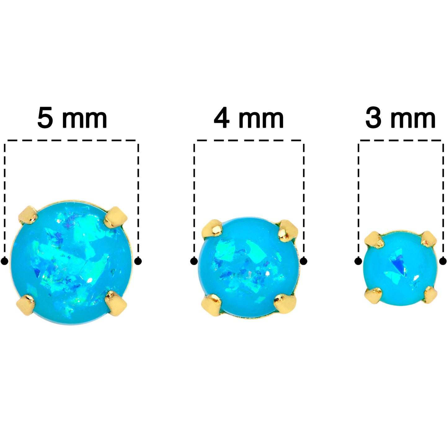 20G Blue Faux Opal Gold Tone 3mm to 5mm Stud Earrings Set of 3