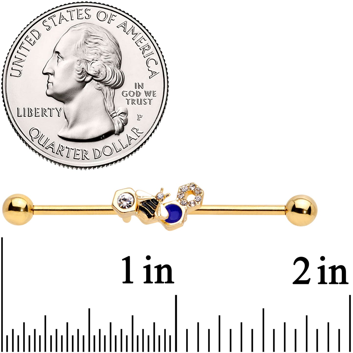 14G Clear CZ Gem Gold Tone Lovely Bee Industrial Barbell 38mm