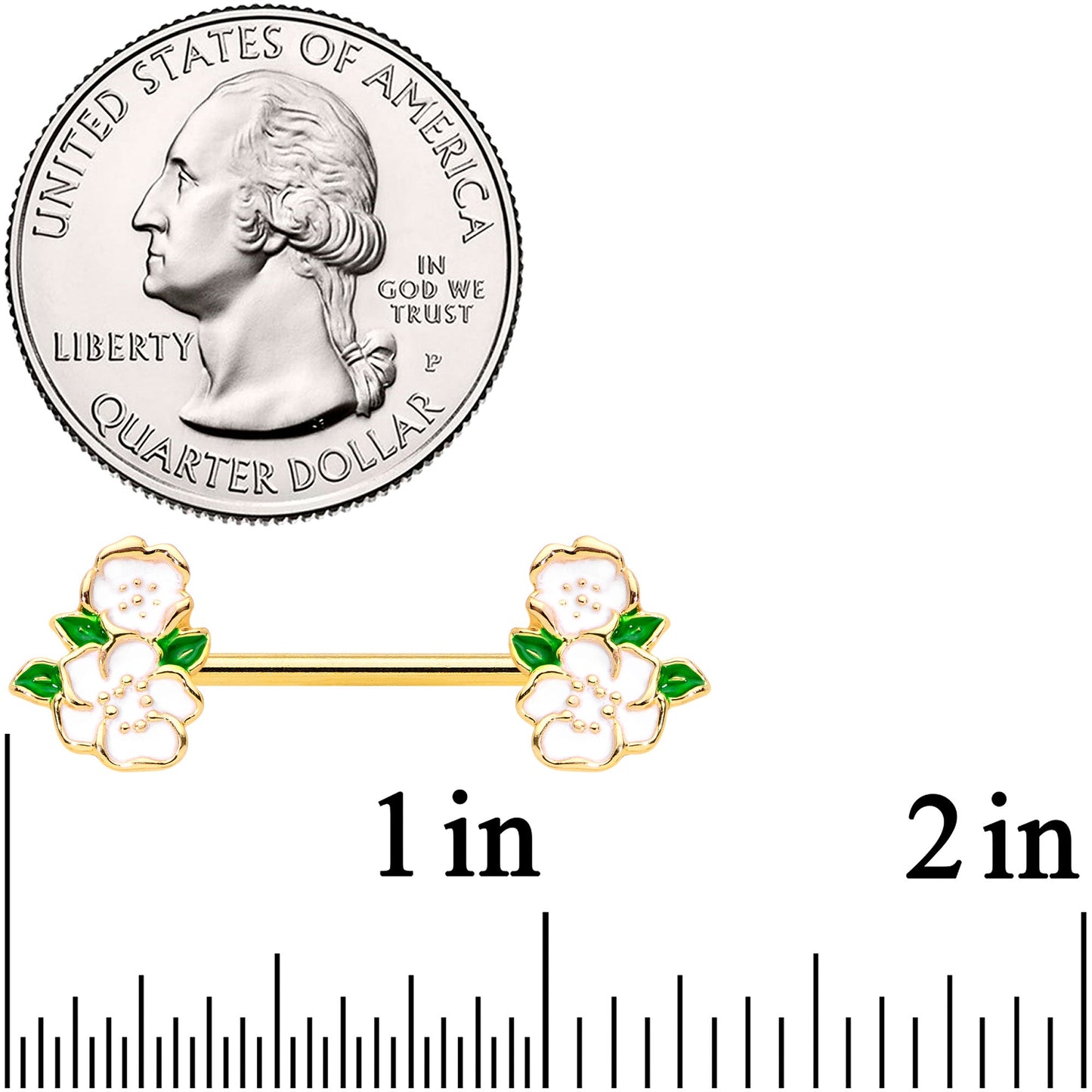 14G 9/16 Gold Tone White Spring Flower Barbell Nipple Ring Set