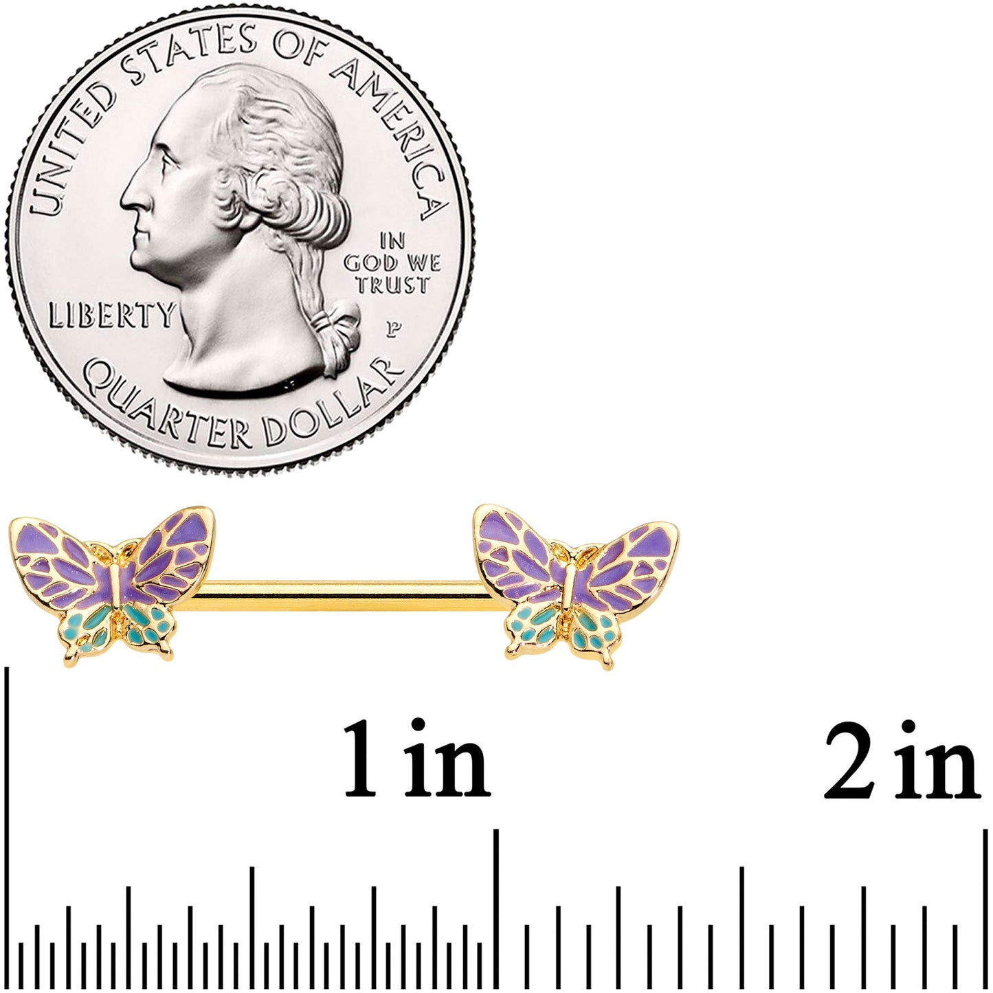 14G 9/16 Gold Tone Purple Green Butterfly Barbell Nipple Ring Set