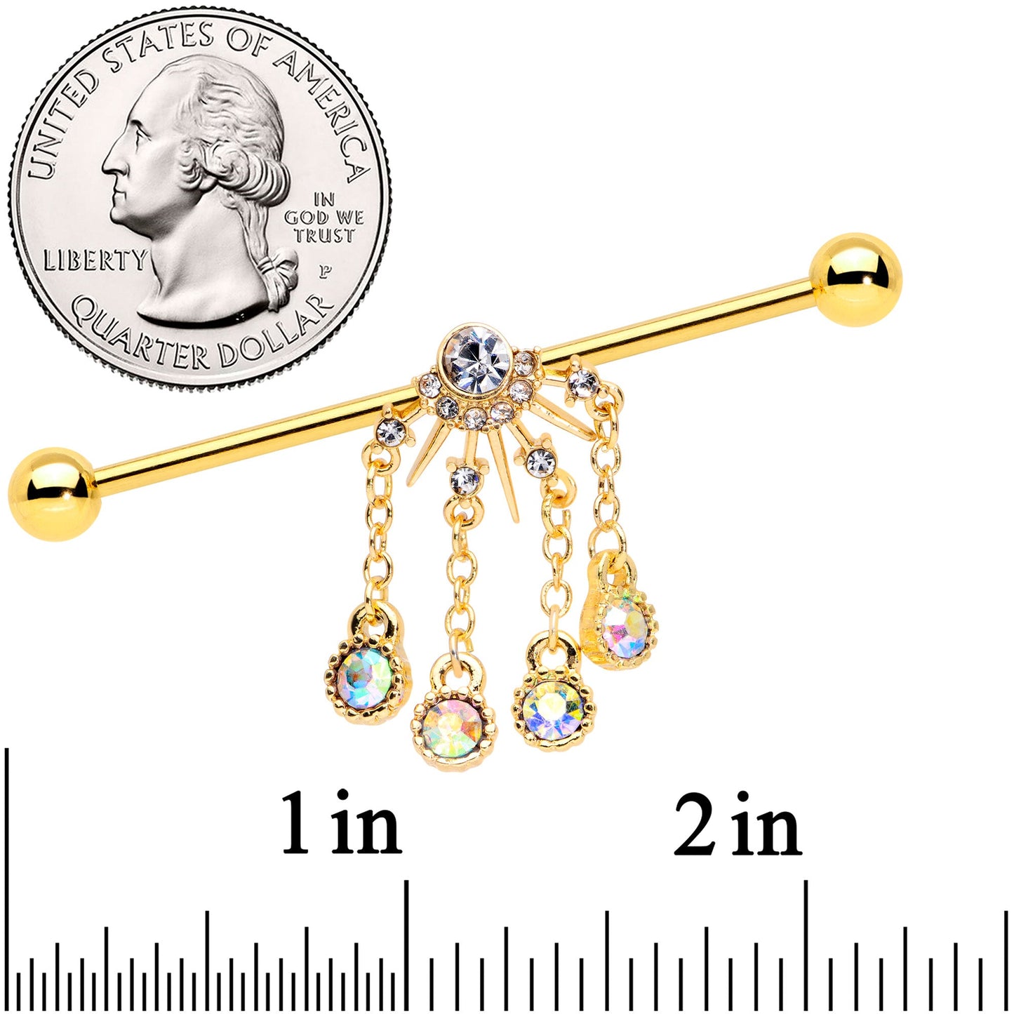 14G Clear CZ Gem Gold Tone Elegant Dangle Industrial Barbell 38mm