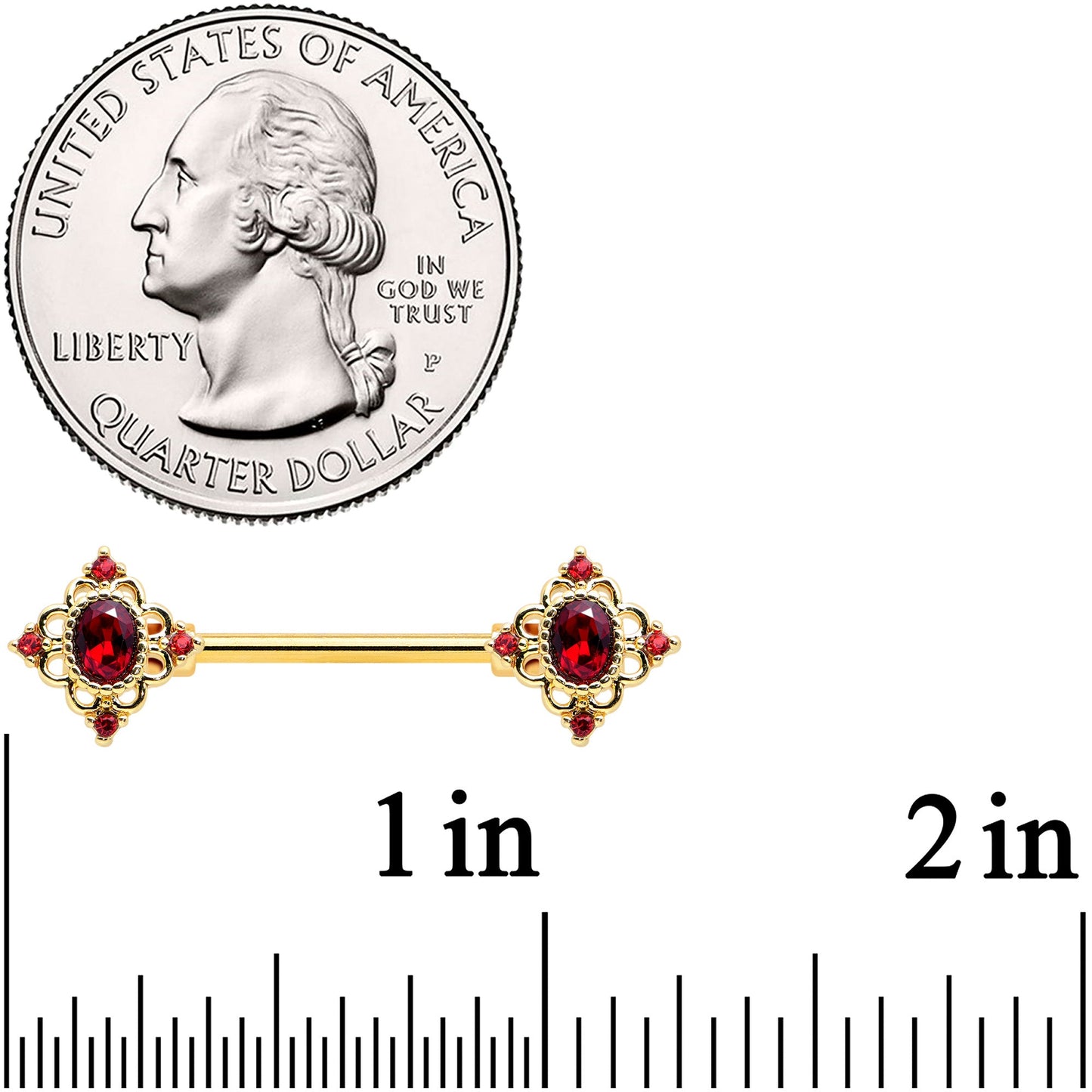 14G 9/16 Red Gem Gold Tone Rich Rhombus Barbell Nipple Ring Set