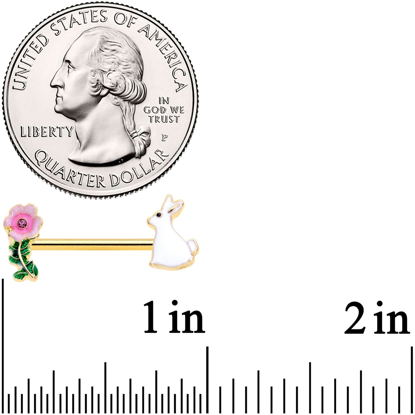 14G 9/16 Pink Gem Gold Tone Easter Bunny Flower Nipple Ring Set