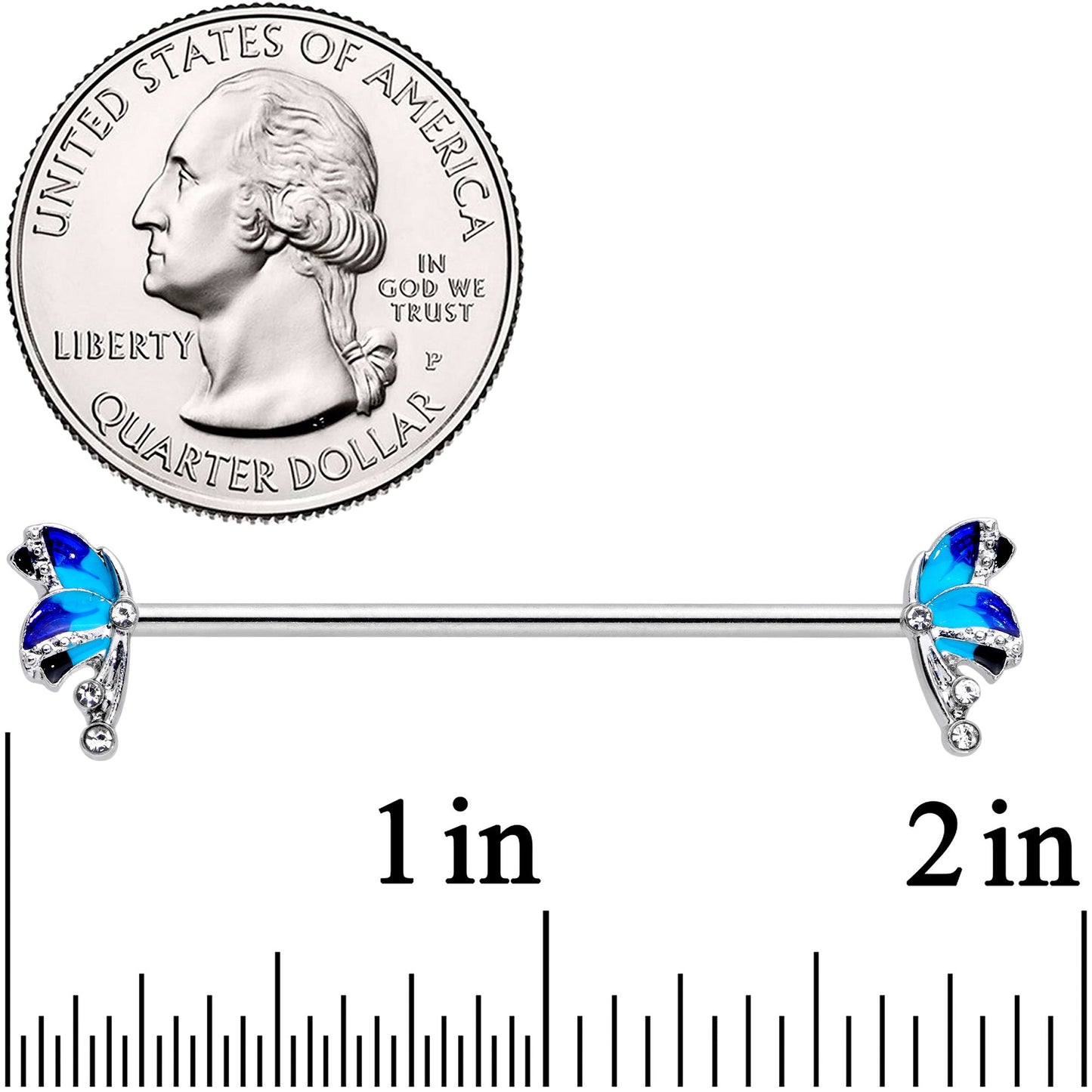 14G Clear Gem Blue Butterfly Industrial Barbell 38mm