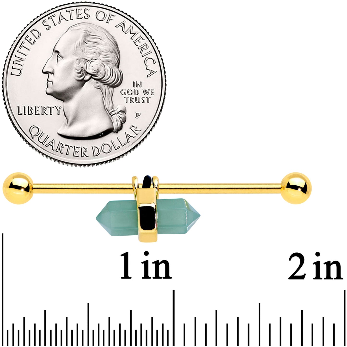 14G Gold Tone Green Gem Groovy Stone Hippie Industrial Barbell 38mm