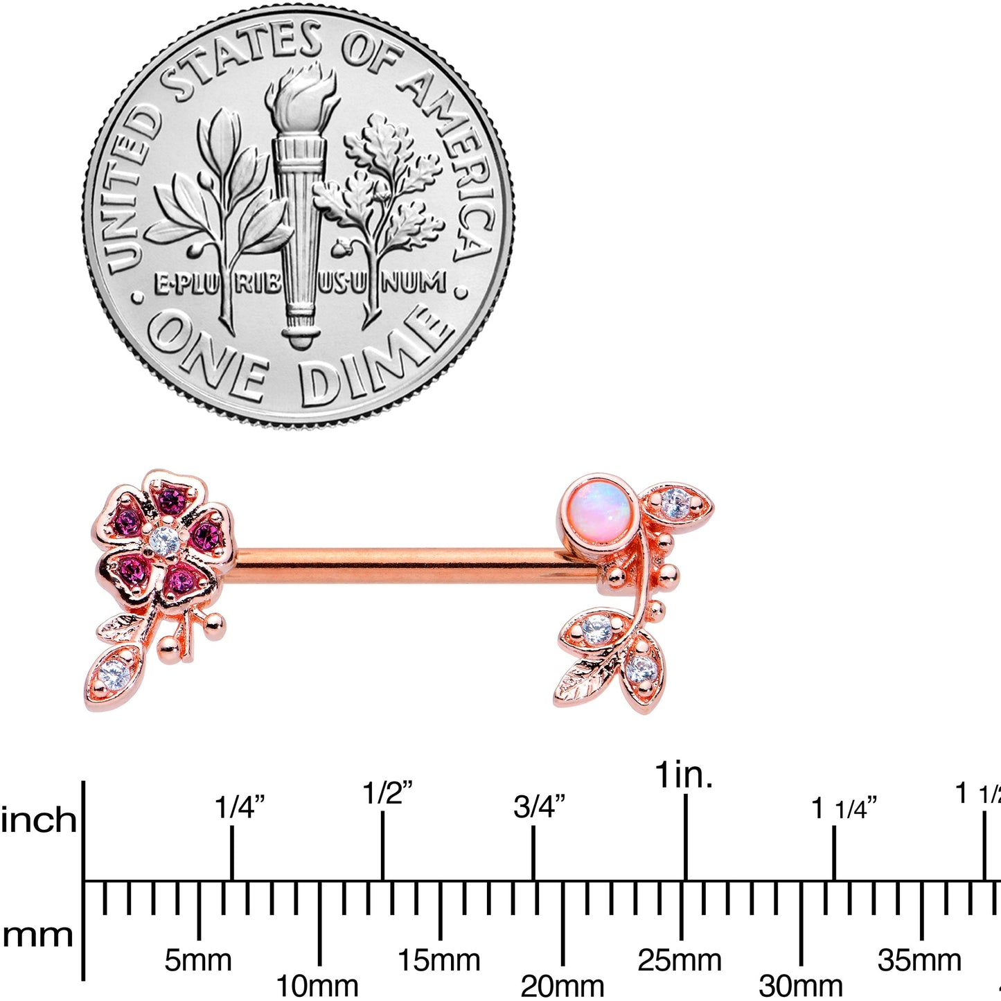 14G 9/16 White Synth Opal Rose Gold Hue Leaf Flower Nipple Ring Set