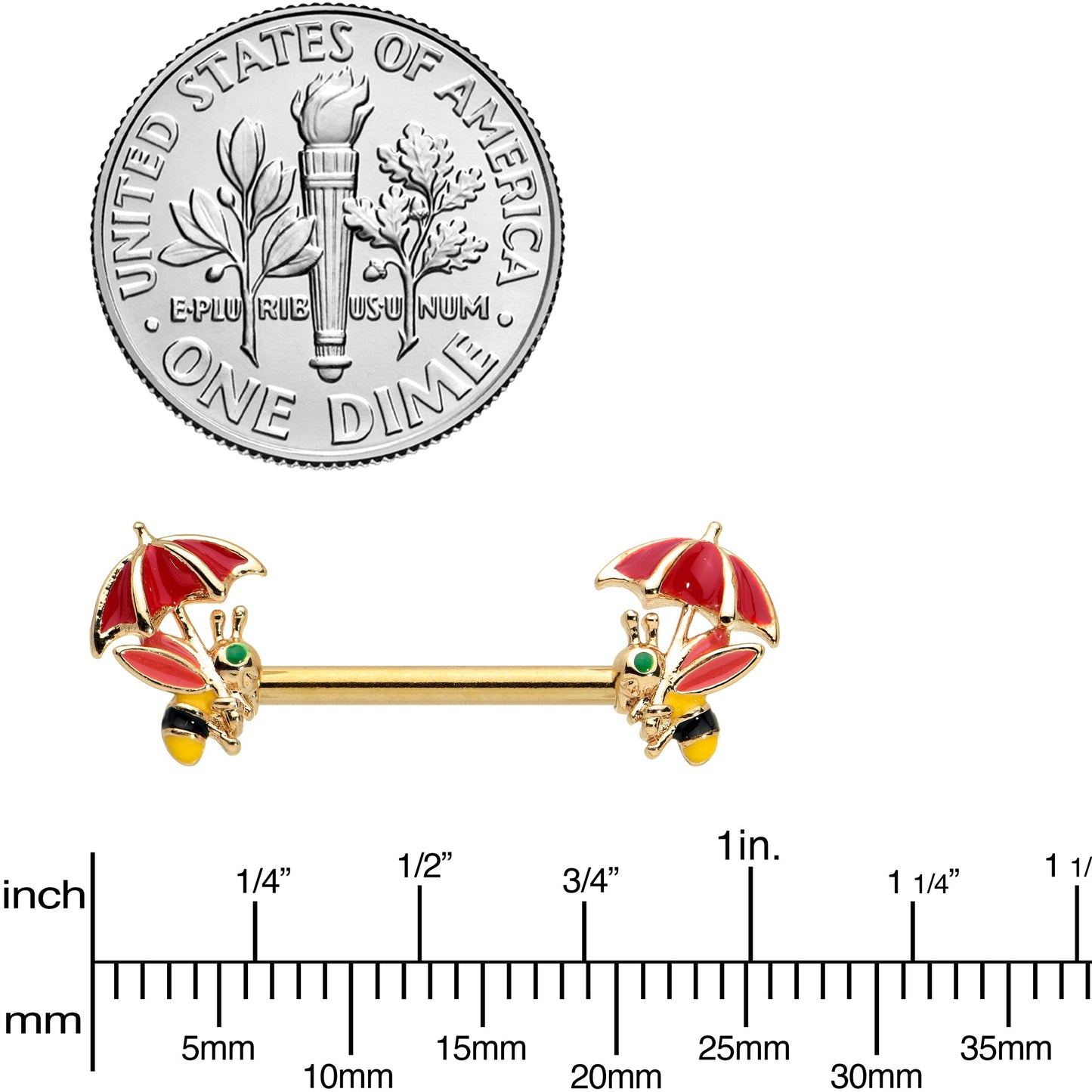 14G 9/16 Gold Tone Rainy Day Umbrella Bee Barbell Nipple Ring Set
