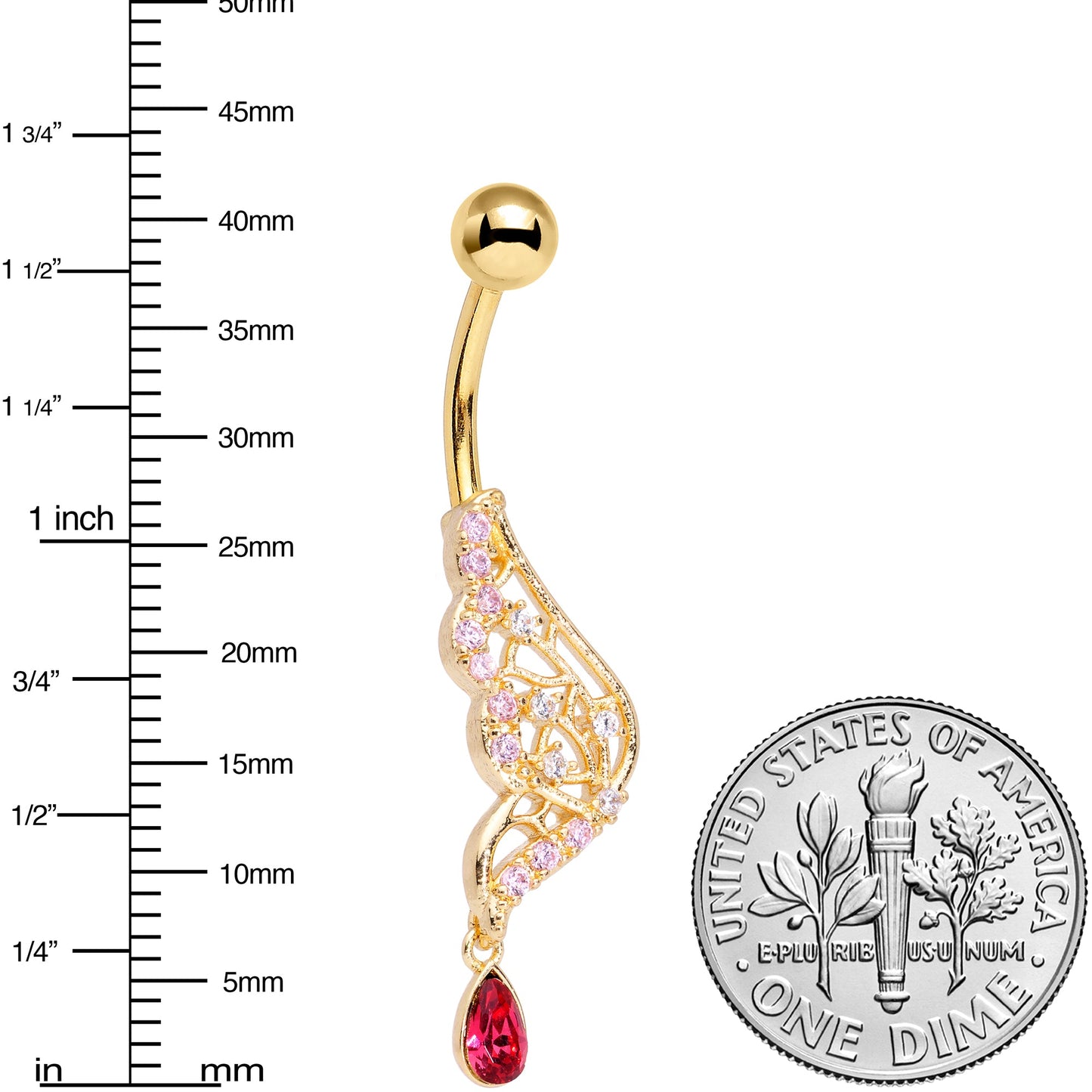 Clear Red Gem Gold Tone Airy Wing Dangle Belly Ring