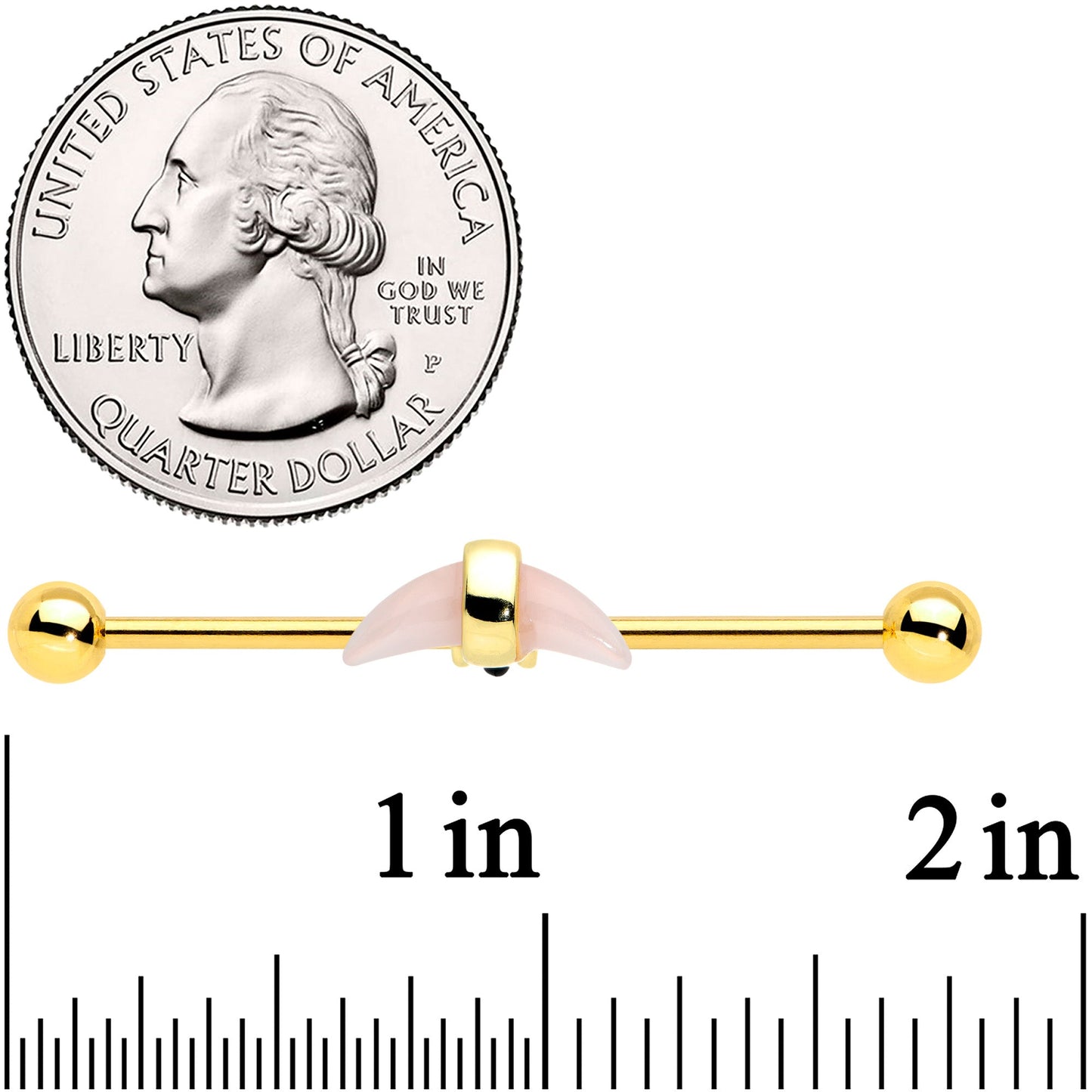 14G Pink Gem Gold Tone Crescent Industrial Barbell 38mm