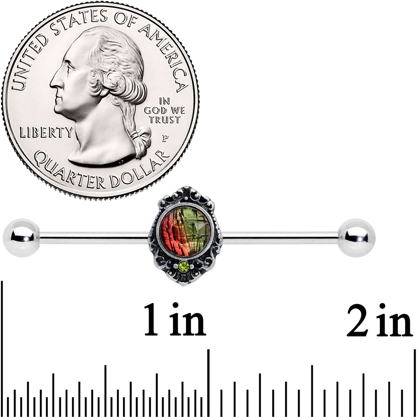 14G Green Orange Tourmaline Fire Industrial Barbell 38mm