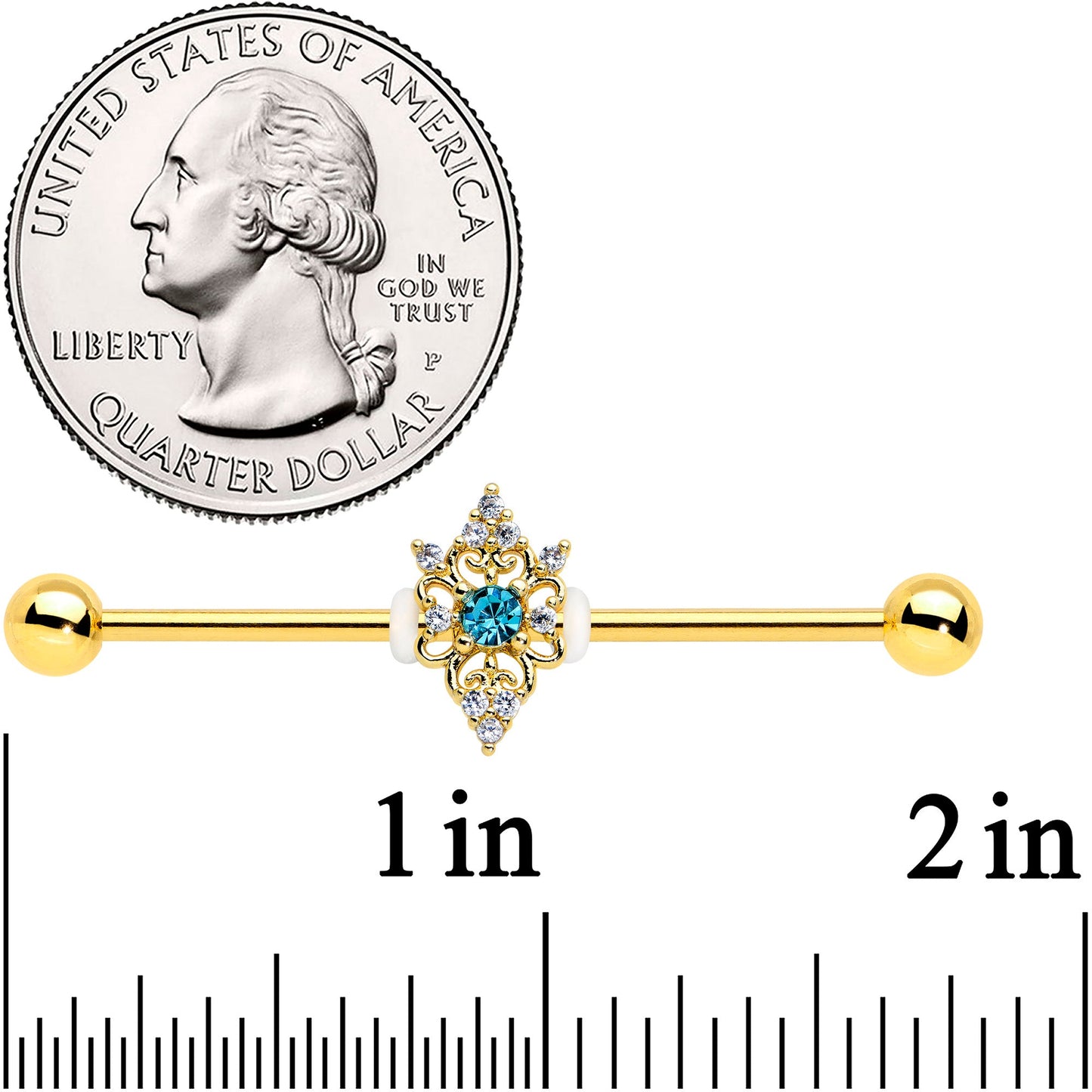 14G Clear Blue Gem Gold Tone Royal Heart Industrial barbell 38mm