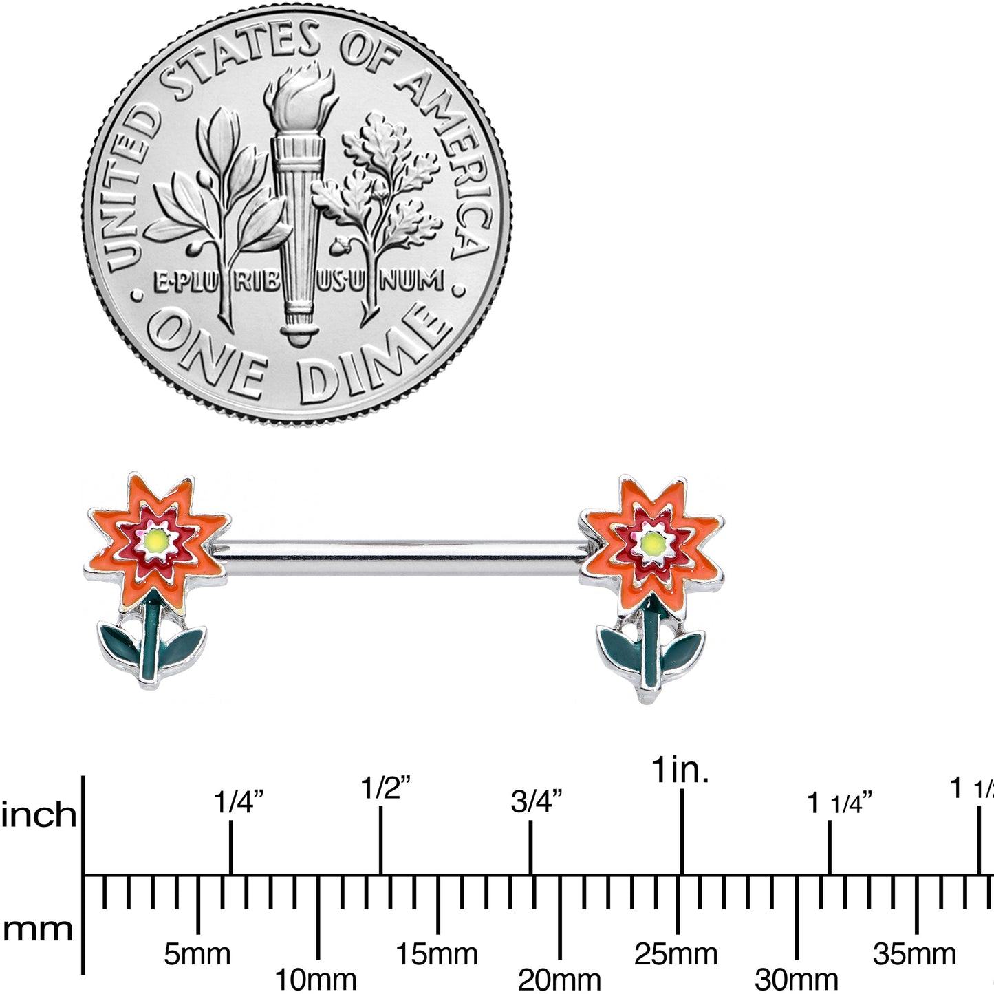 14G 9/16 Red Orange Fanciful Flower Barbell Nipple Ring Set