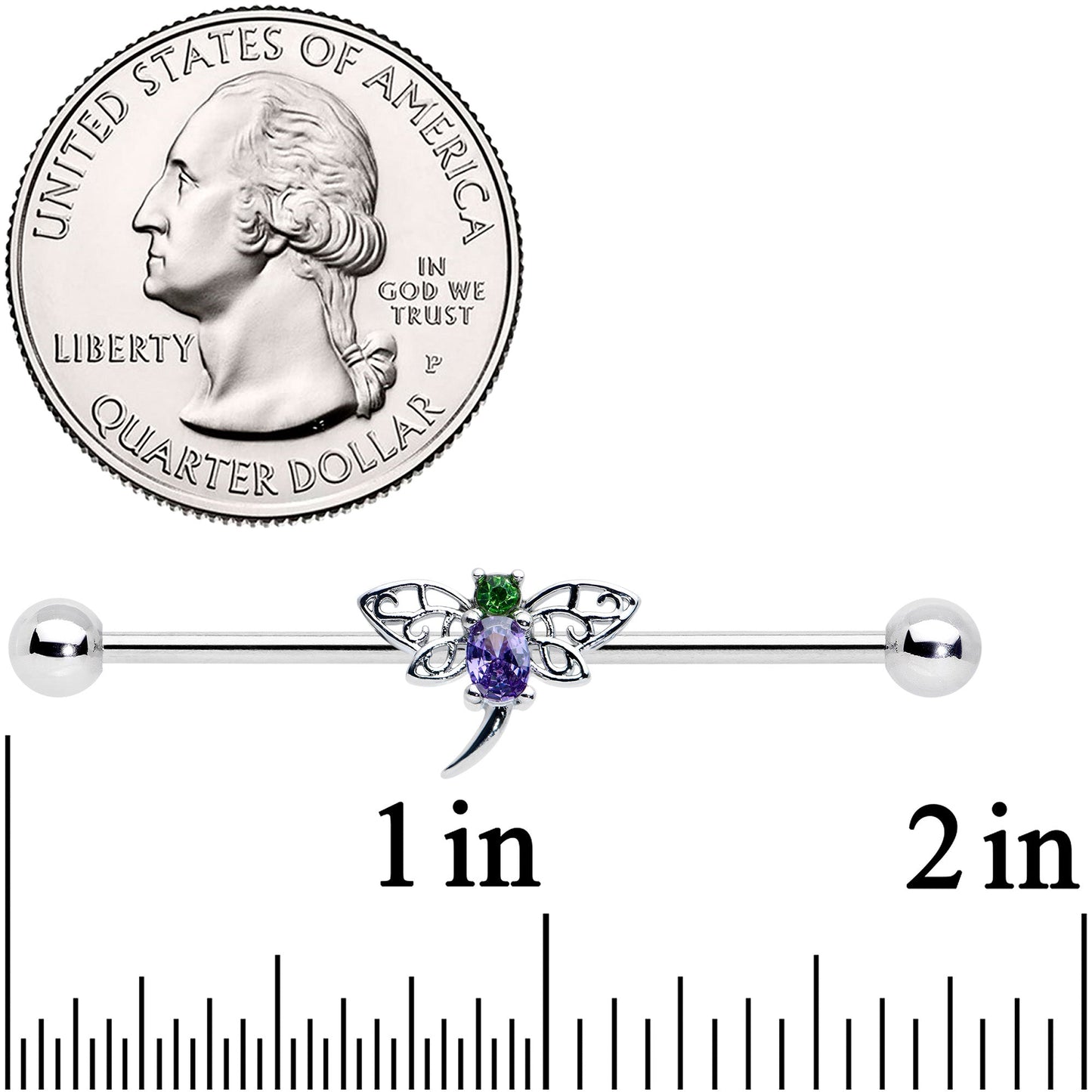 14G Purple Green Gem Dragonfly Industrial Barbell 38mm
