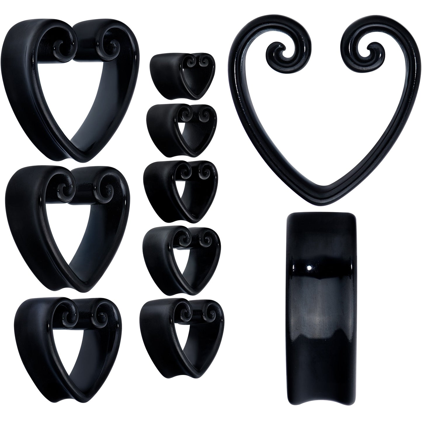 Black Curled Heart Valentines Day Tunnel Plug Set