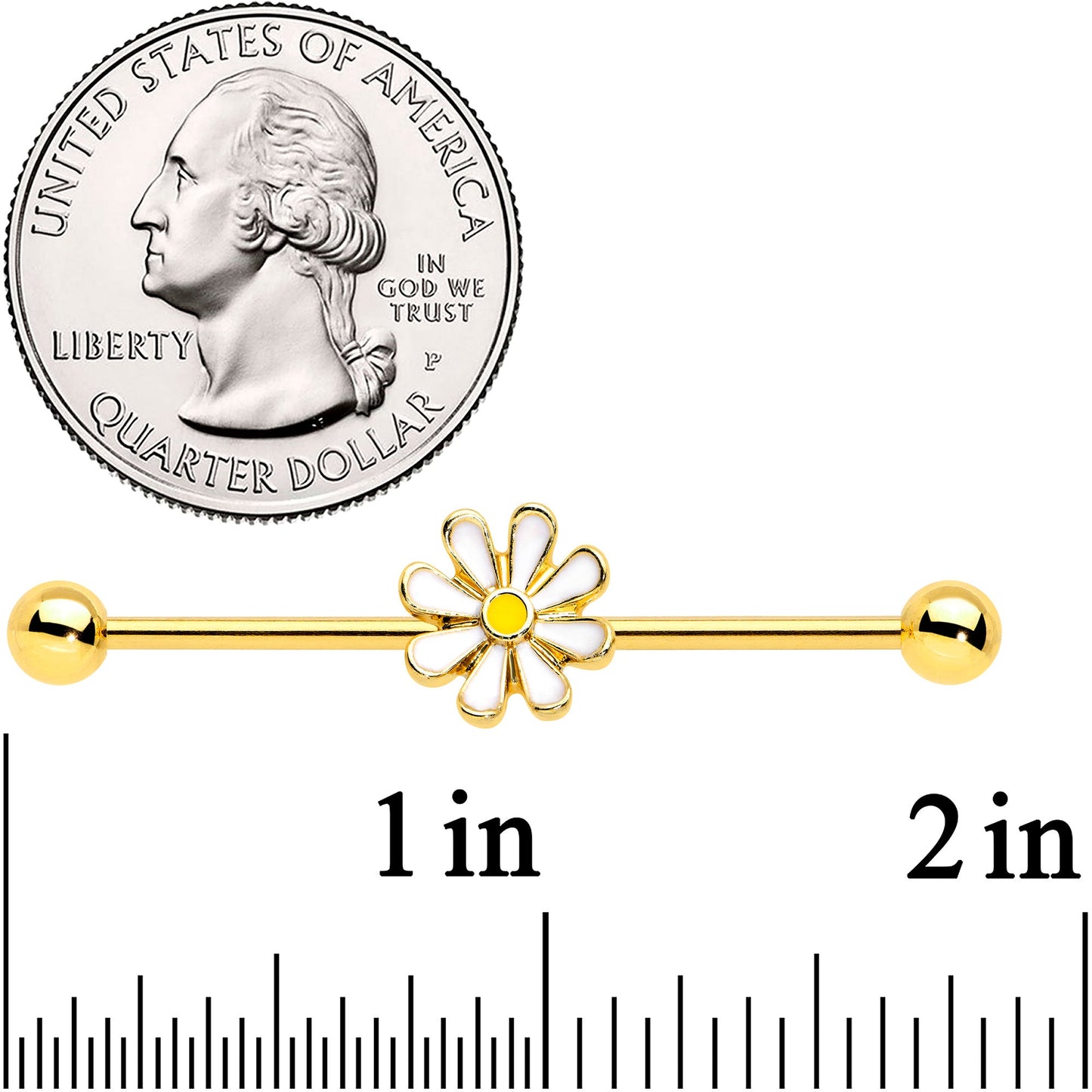 14G Gold Tone Whimsical Daisy Flower Industrial Barbell 38mm