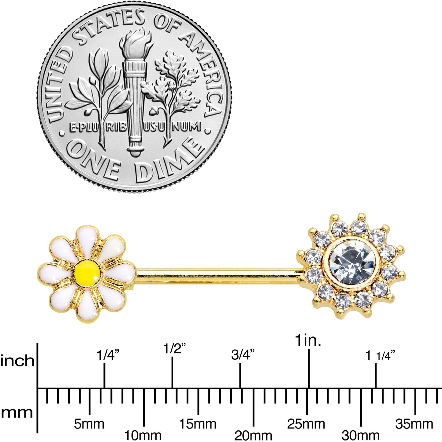 14G 9/16 Clear Gem Gold Tone Sun Daisy Flower Nipple Ring Set