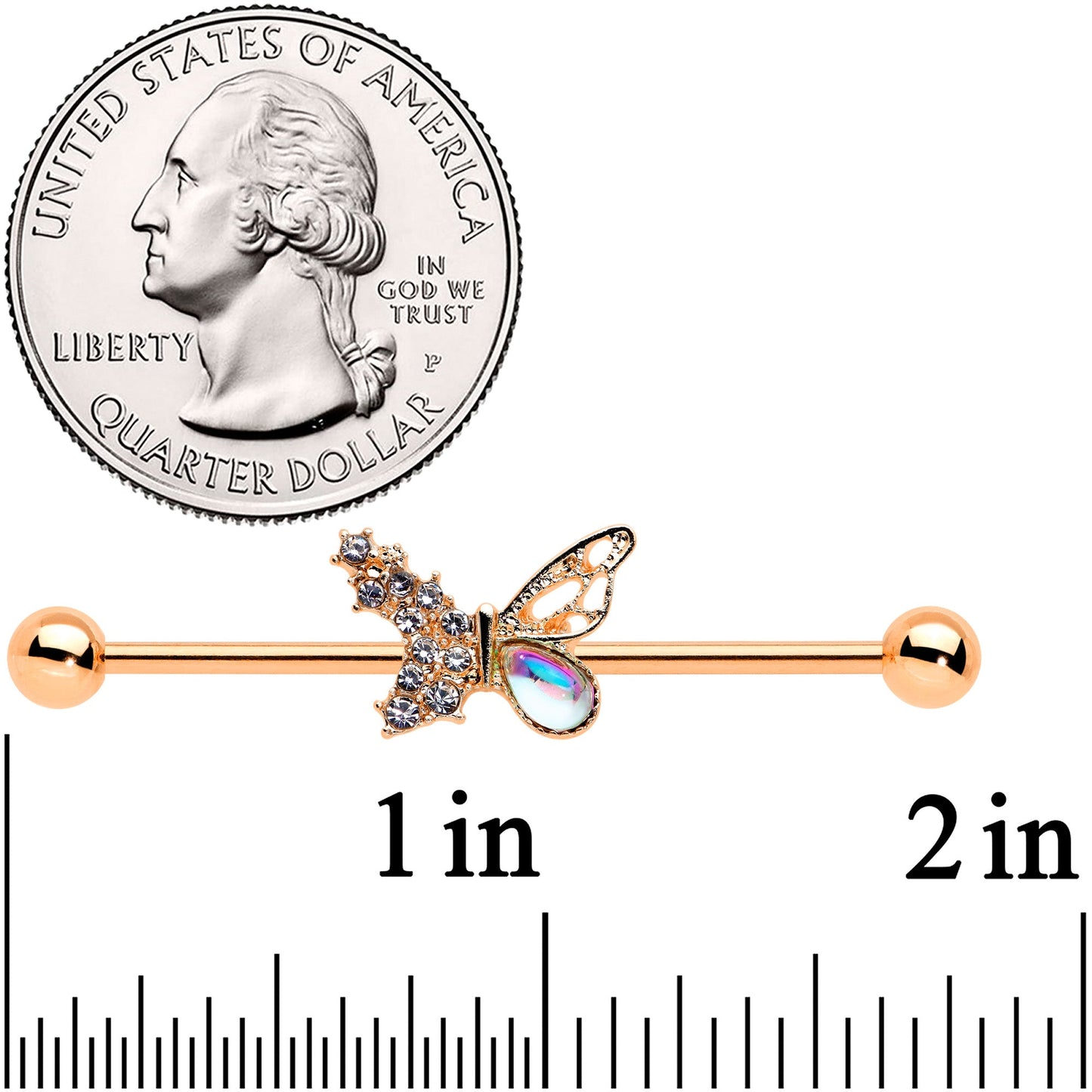 14G Jeweled Rose Gold Tone Fancy Butterfly Industrial Barbell 38mm