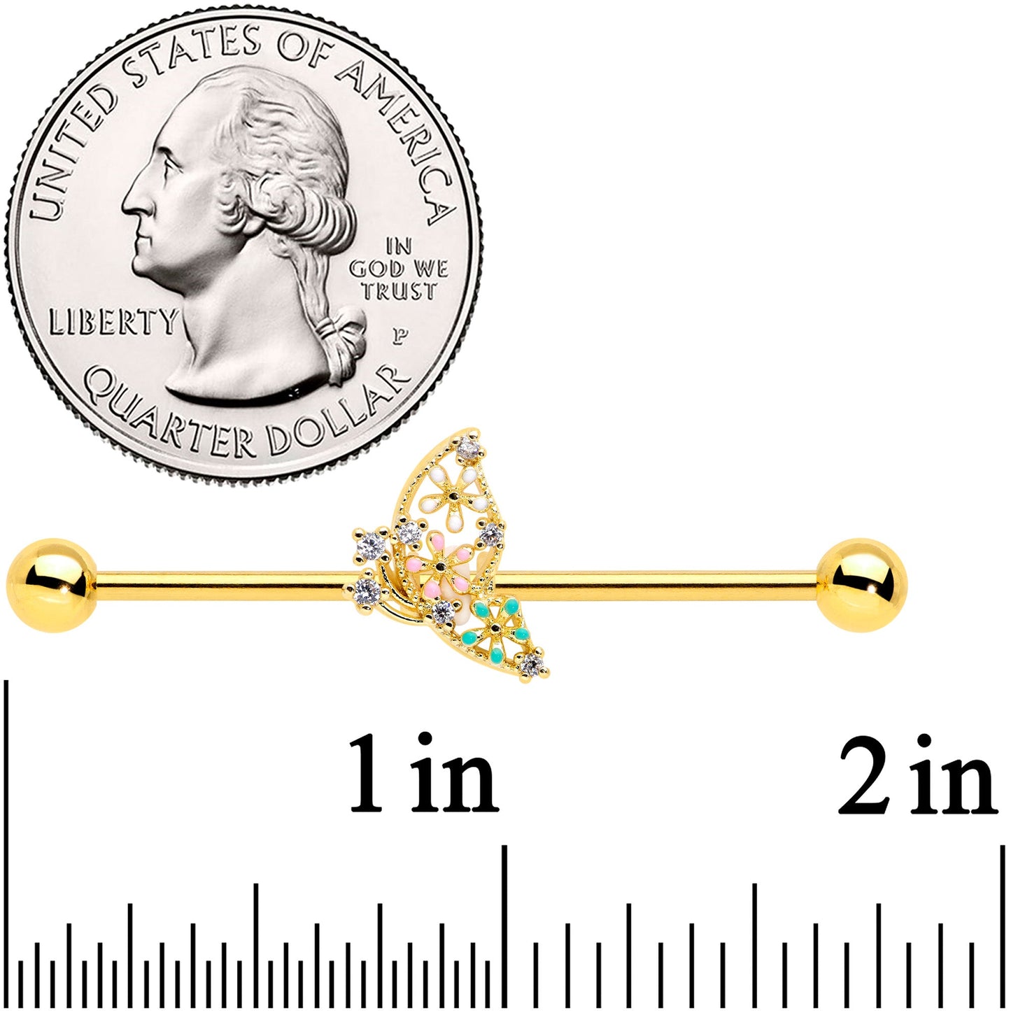 14G Clear CZ Gem Gold Tone Abstract Industrial Barbell 38mm