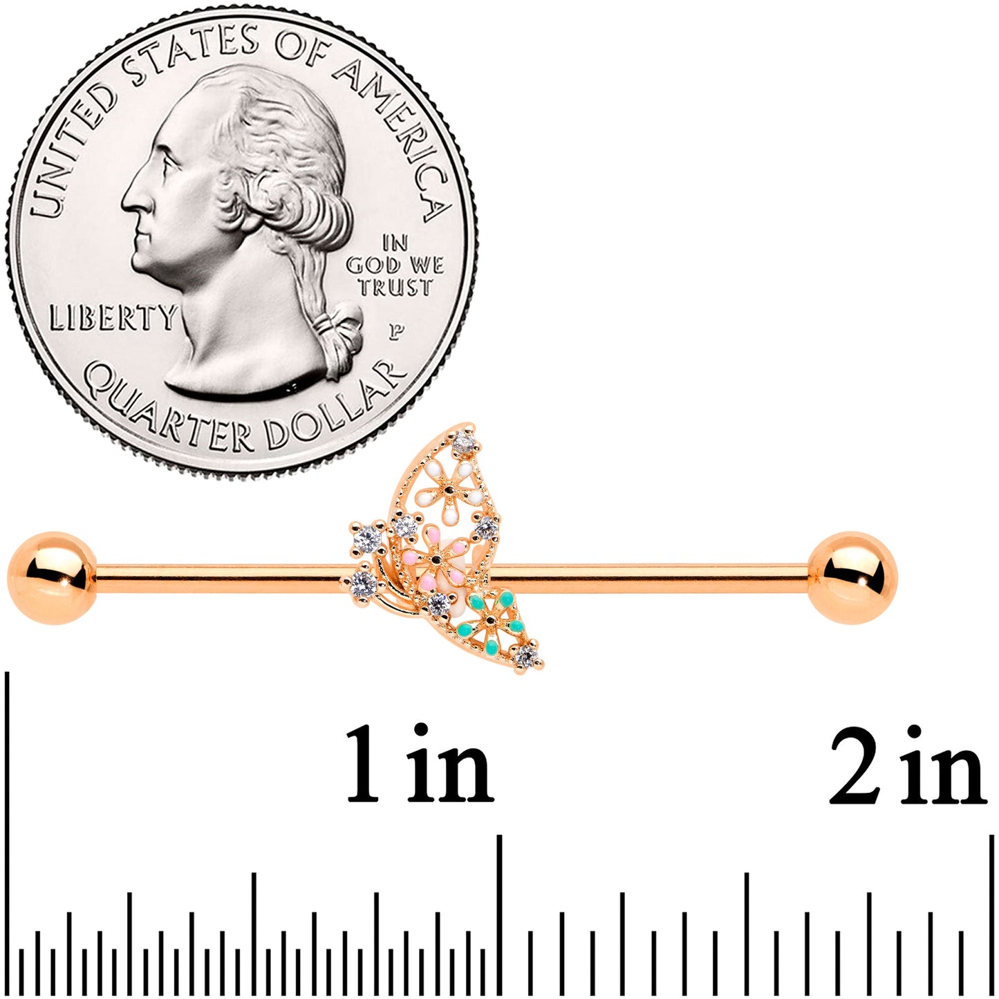 14G Clear CZ Gem Rose Gold Tone Abstract Industrial Barbell 38mm