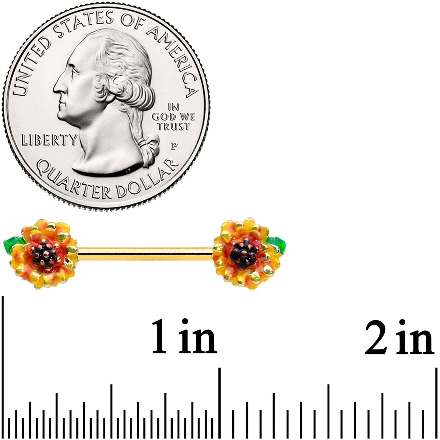 14G 9/16 Gold Tone Summer Sunflower Barbell Nipple Ring Set