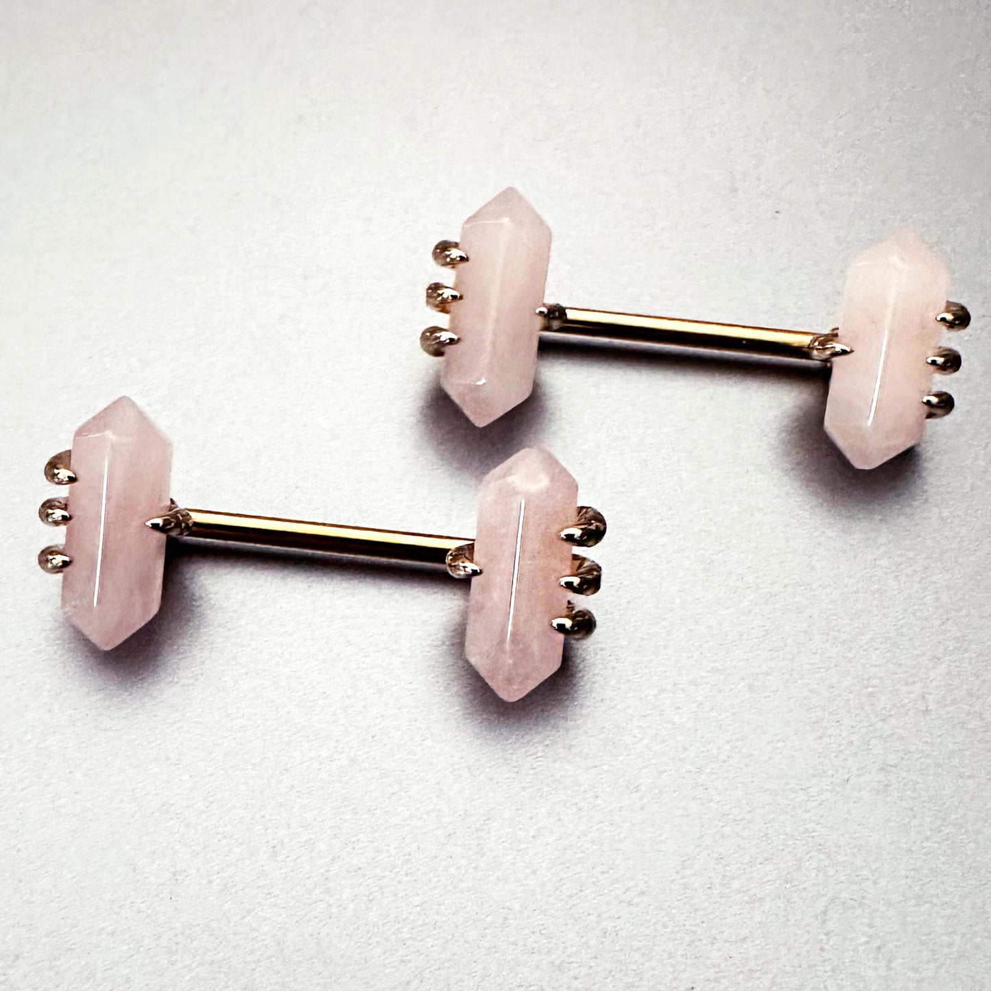 14G 9/16 Pink Rose Quartz Gold Tone Claw Barbell Nipple Ring Set