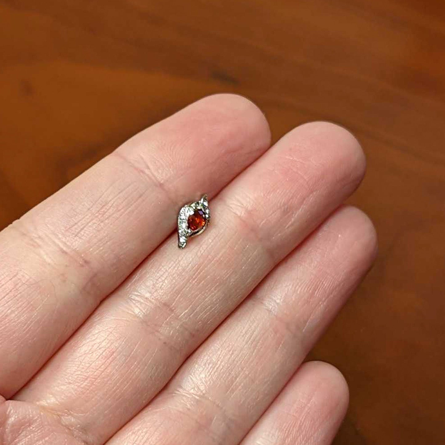 16G 5/16 Clear Red Gem Swirling Oval Labret Monroe Tragus