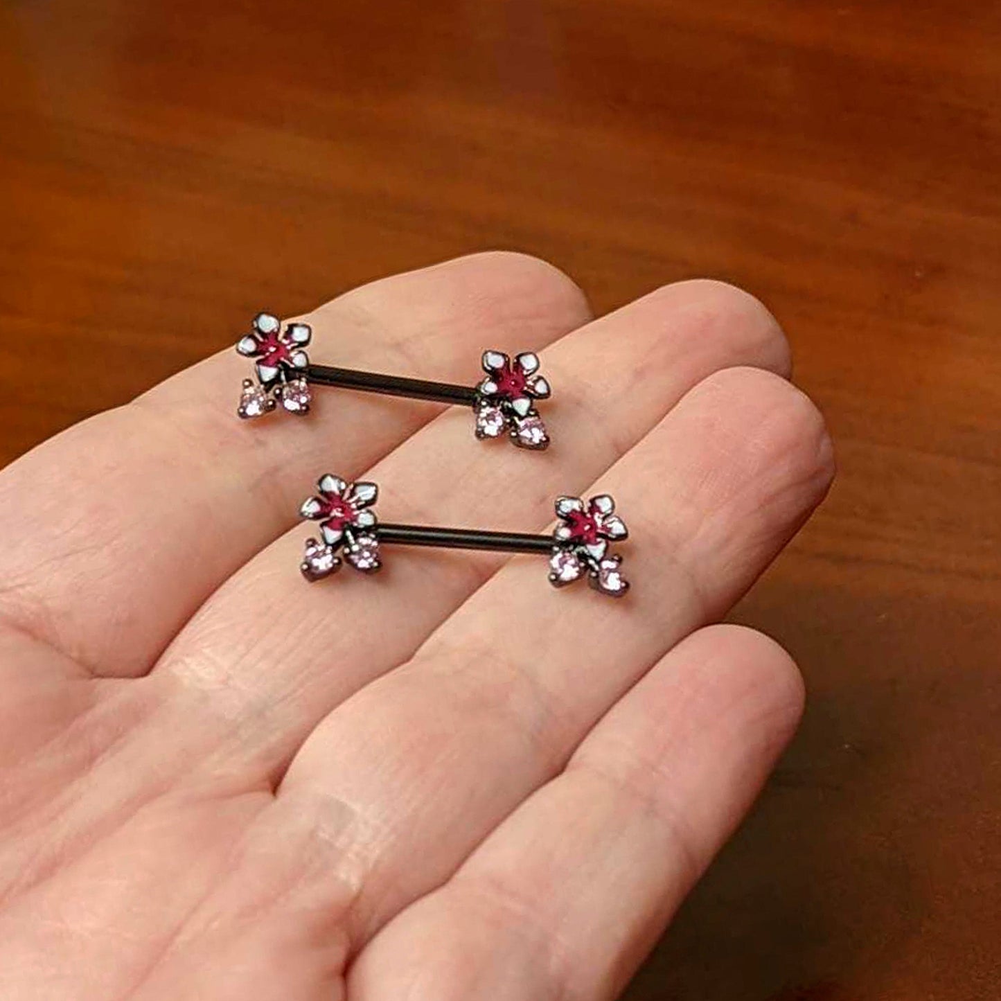 14G 9/16 Pink Gem Black Fanciful Flower Barbell Nipple Ring Set