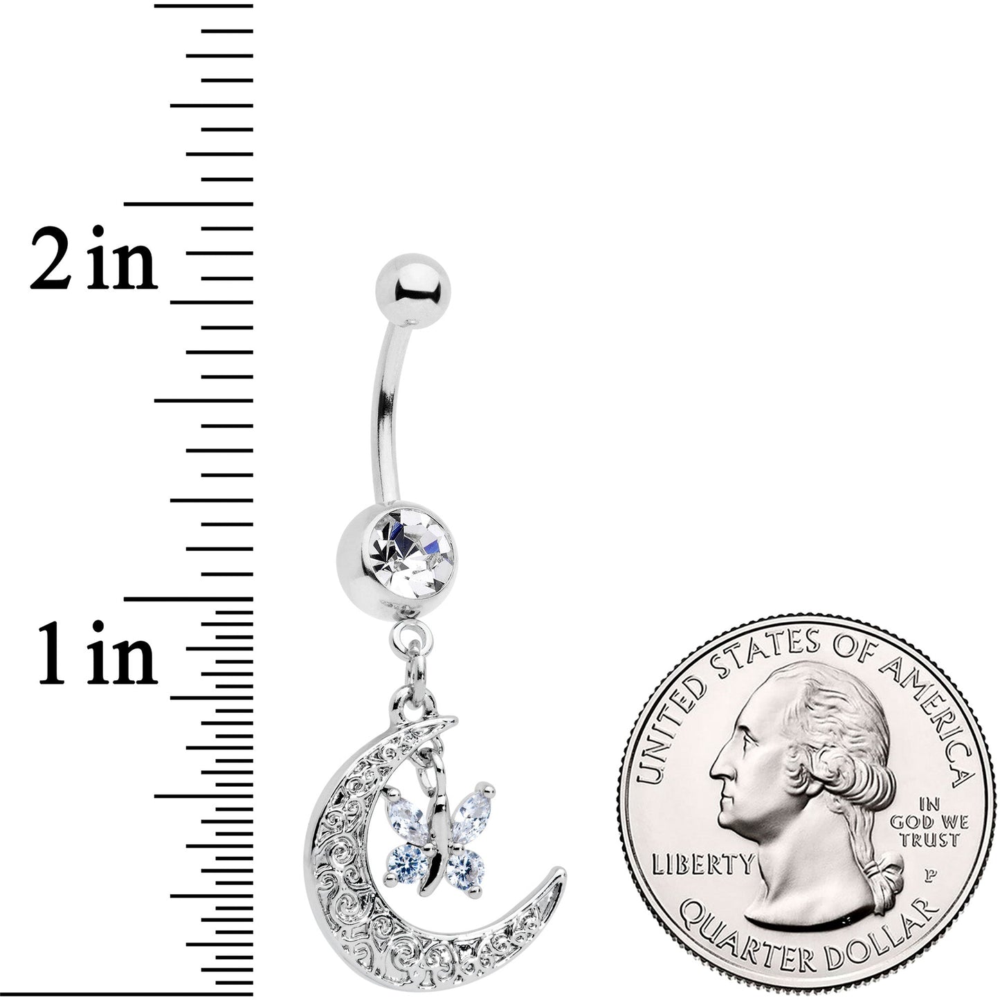 Clear Gem Crescent Moon Butterfly Dangle Belly Ring